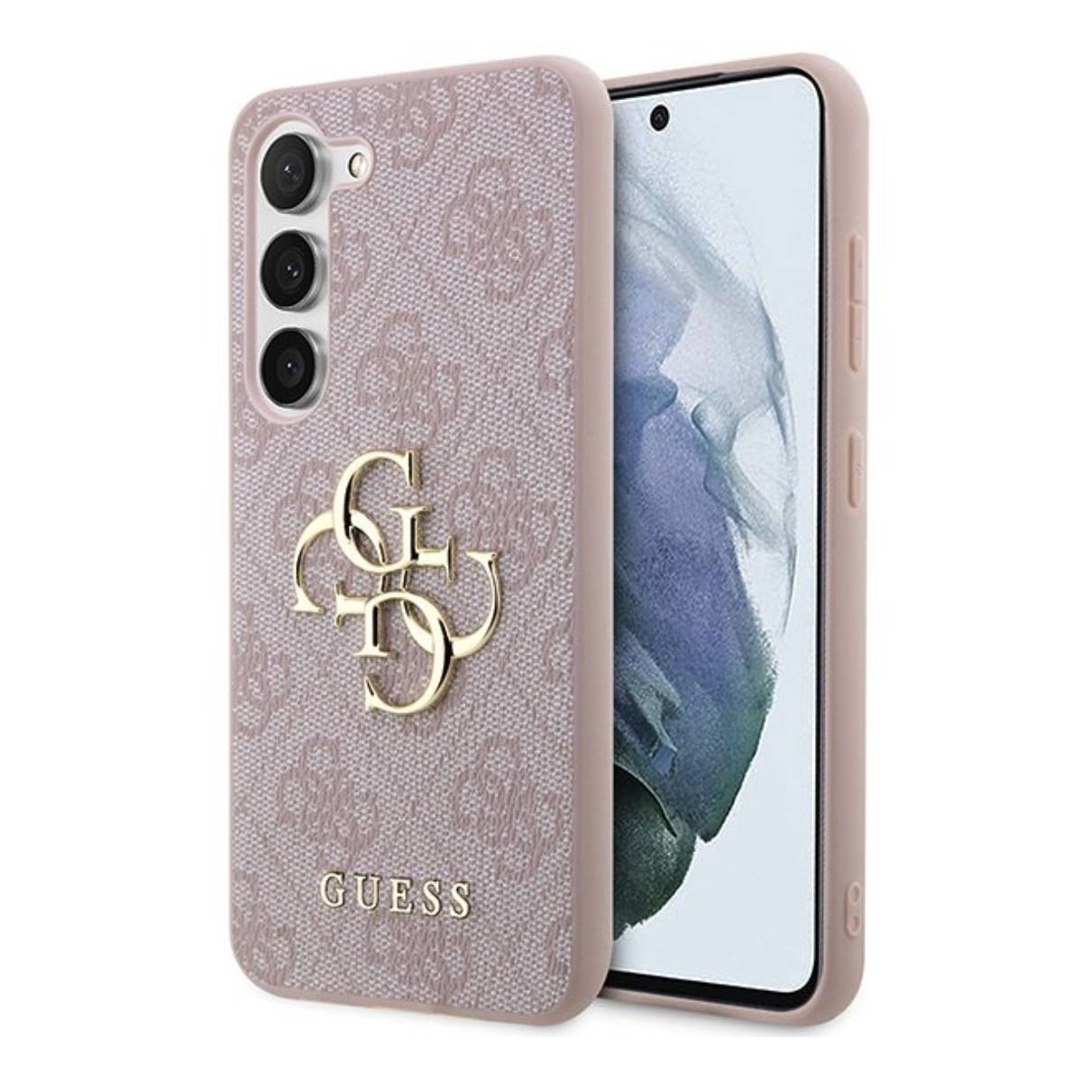 Custodia rosa per telefono con logo Guess e telefono all'interno. Sfondo bianco.