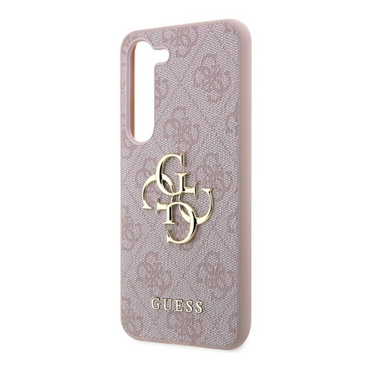 Custodia rosa per telefono con logo dorato e motivo strutturato, il logo Guess.