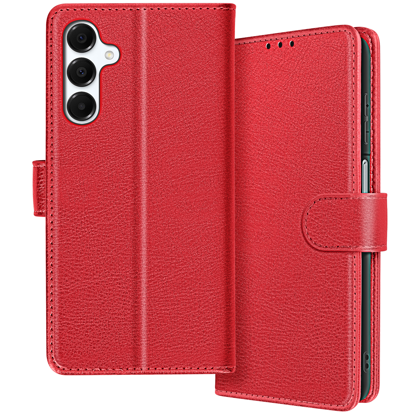 Custodia rossa per telefono aperta, che mostra il telefono e le fotocamere. La custodia è rossa.