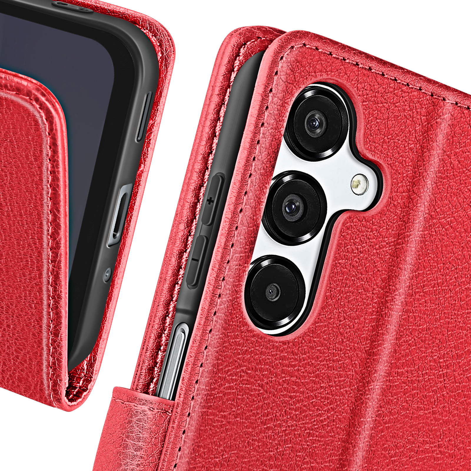 Primo piano di una custodia per telefono rossa, che mostra gli obiettivi della fotocamera e i pulsanti.