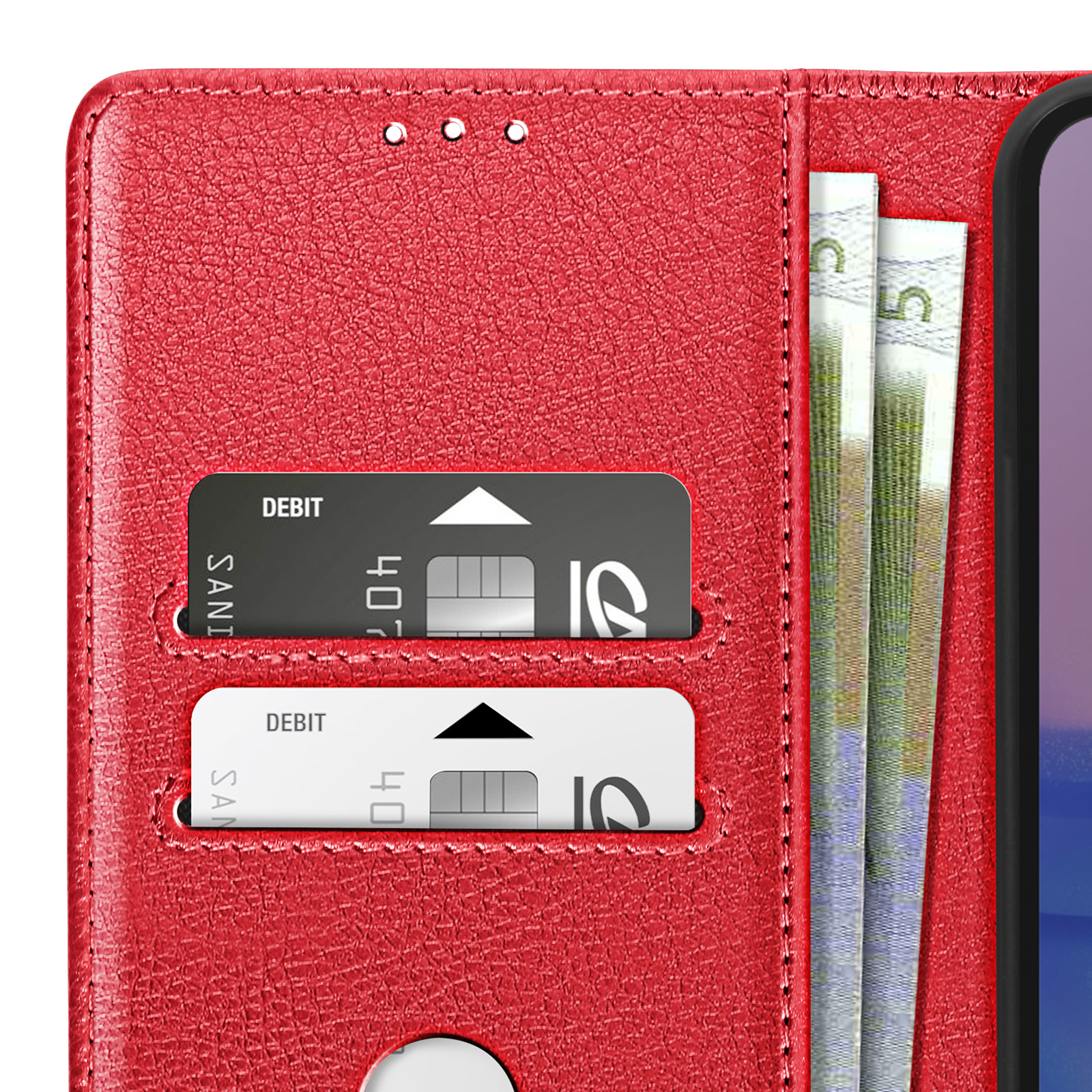 Custodia per telefono rossa aperta, che mostra carte e denaro. Un telefono è parzialmente visibile.