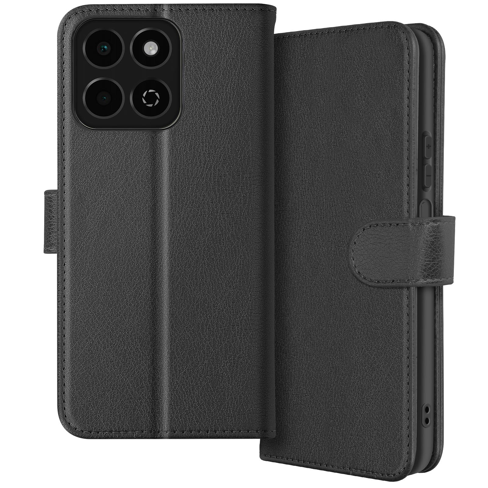 Custodia nera per telefono aperta, che mostra le fotocamere del telefono. La custodia è in pelle.