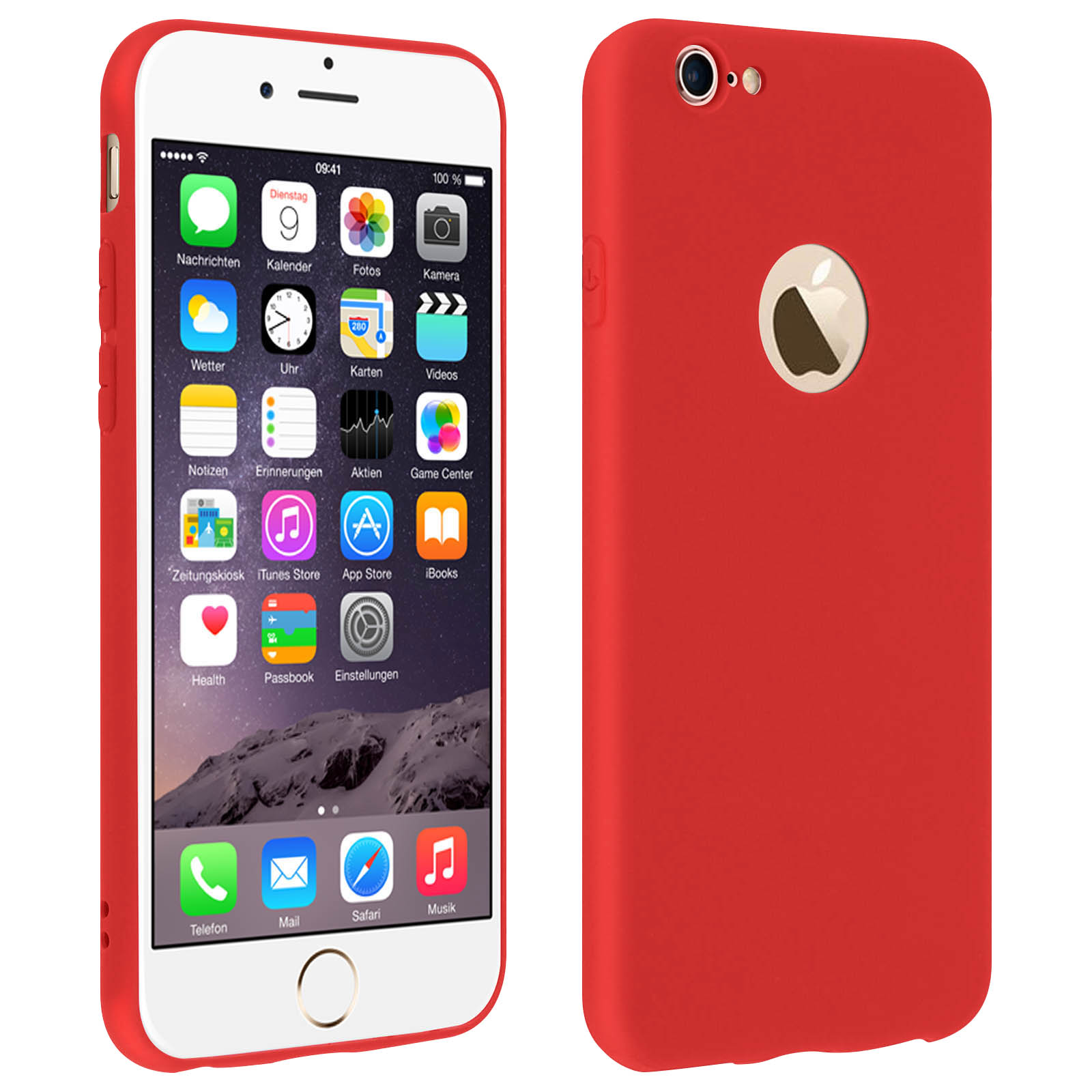 iPhone rojo con interfaz visible en la pantalla, junto a la cubierta trasera roja.