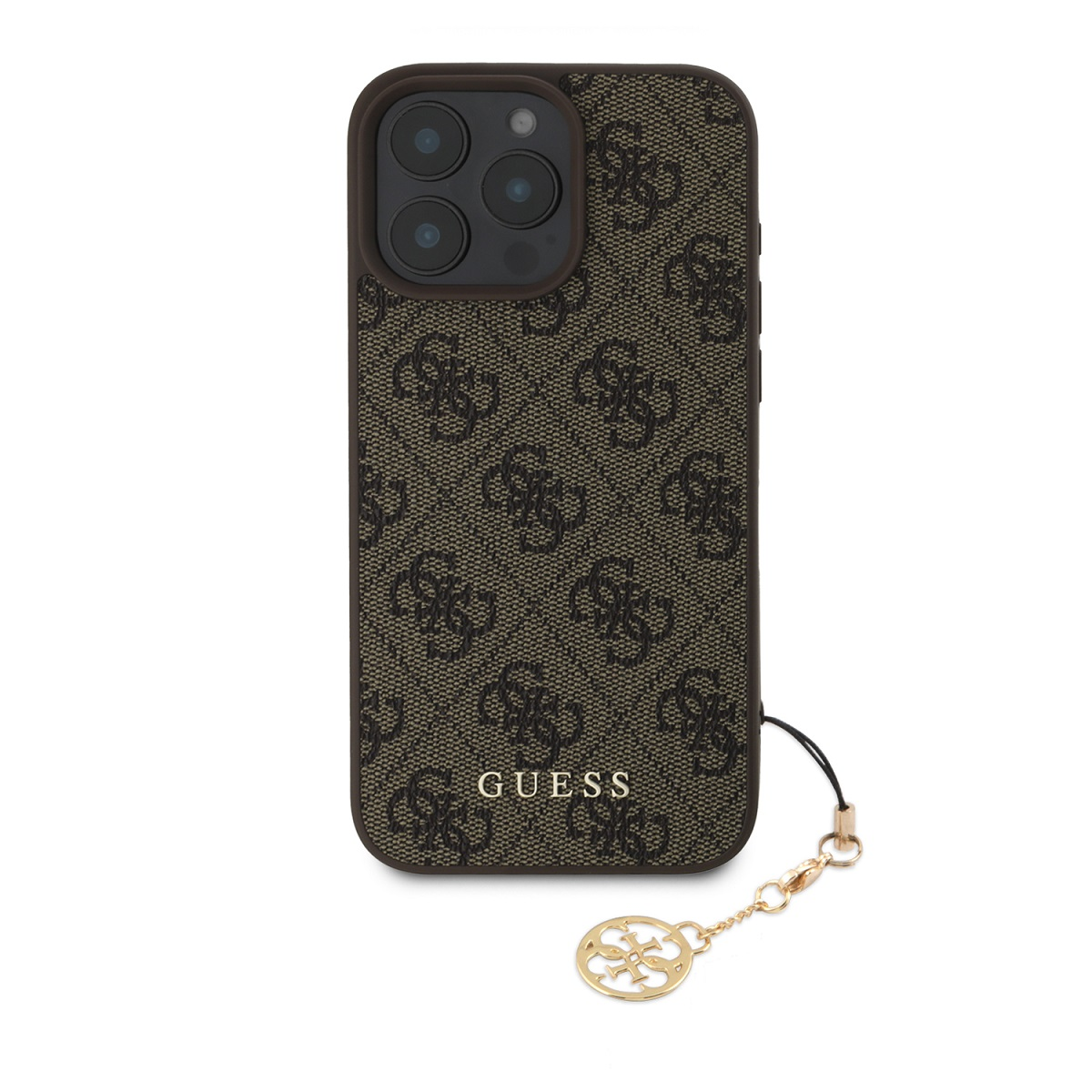 Custodia per telefono con motivo marrone e nero. Logo Guess in basso. Ciondolo dorato attaccato.