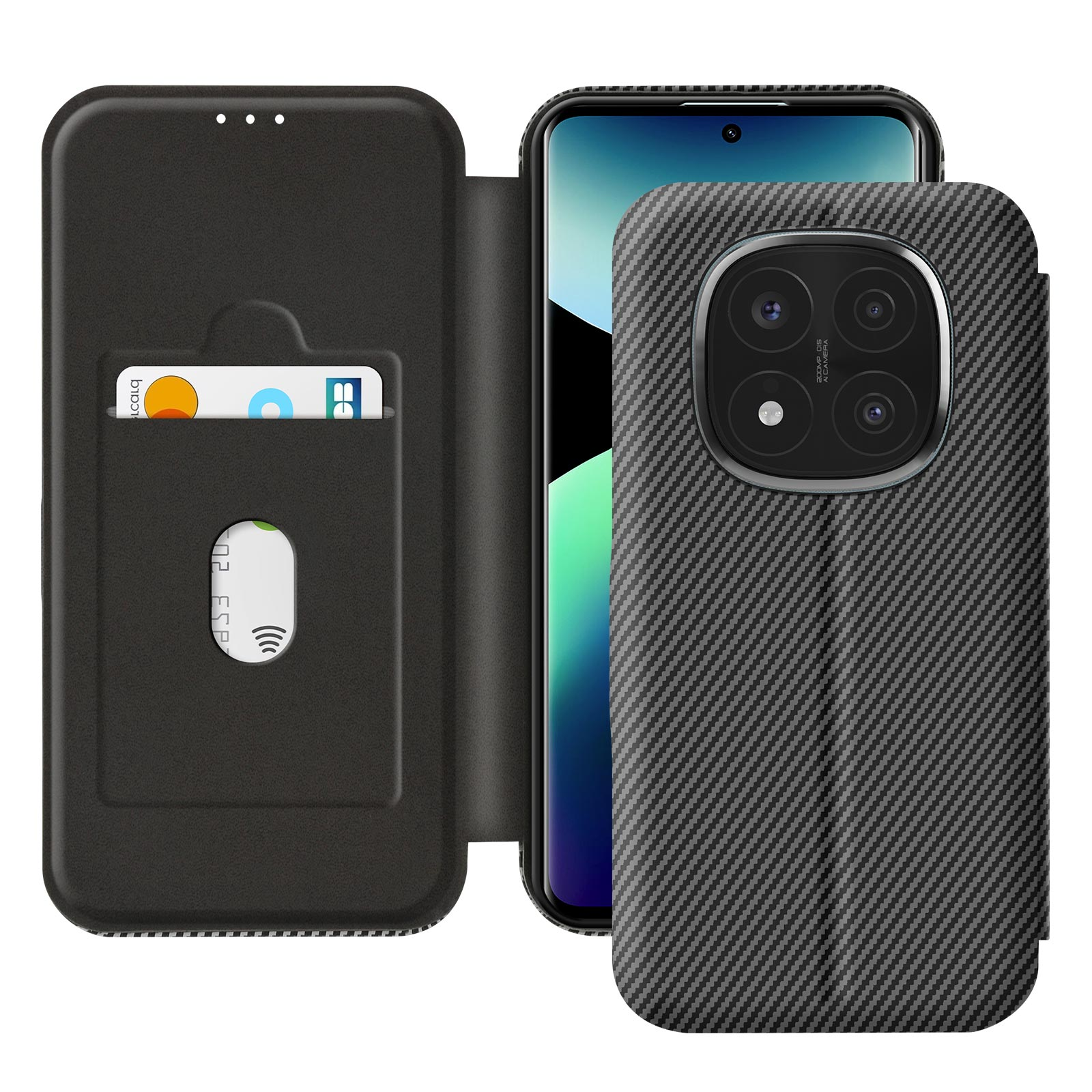 Custodia per telefono nera, aperta con carte all'interno. La custodia ha una texture in fibra di carbonio.