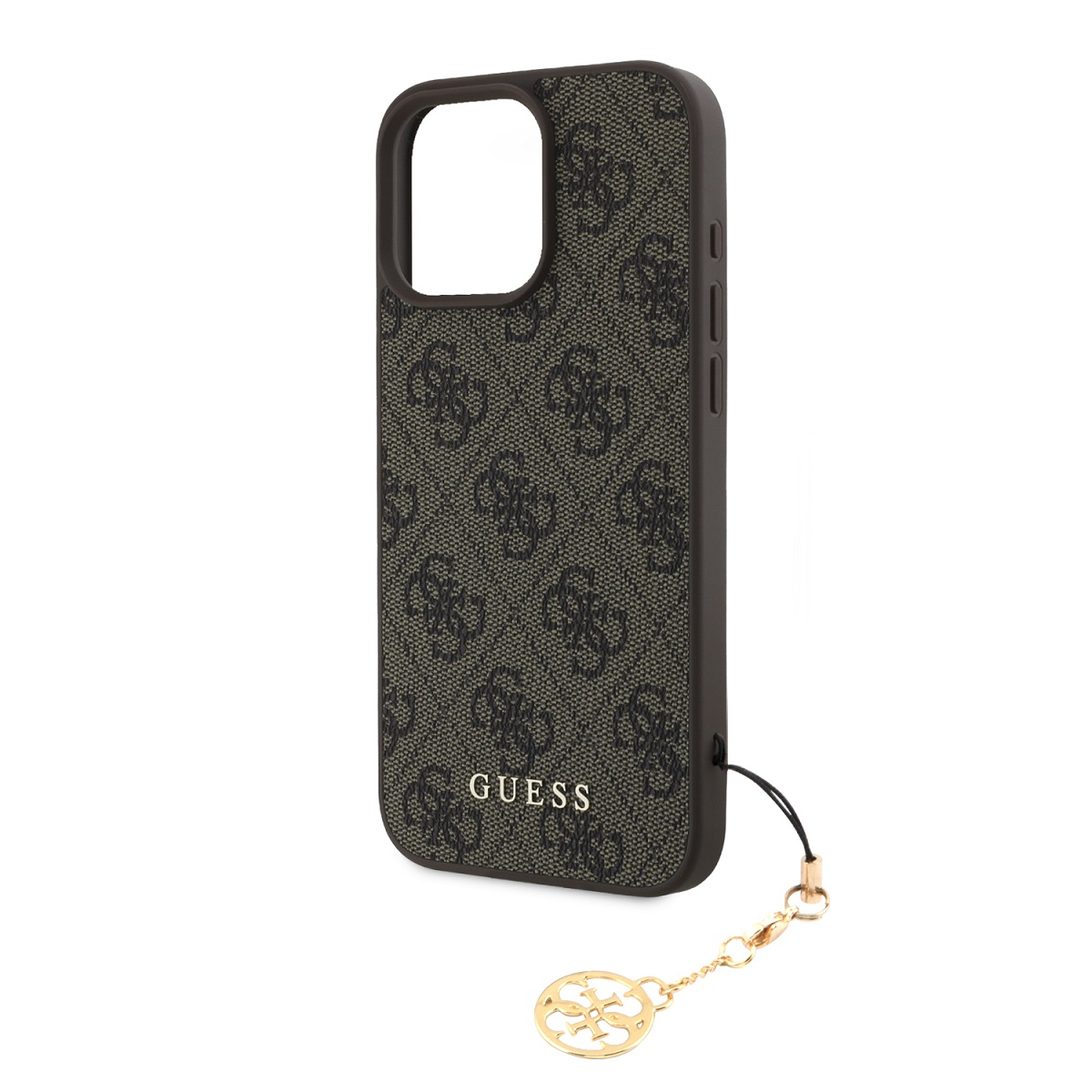 Custodia per telefono con motivo marrone e nero. Logo Guess in basso. Ciondolo dorato attaccato.