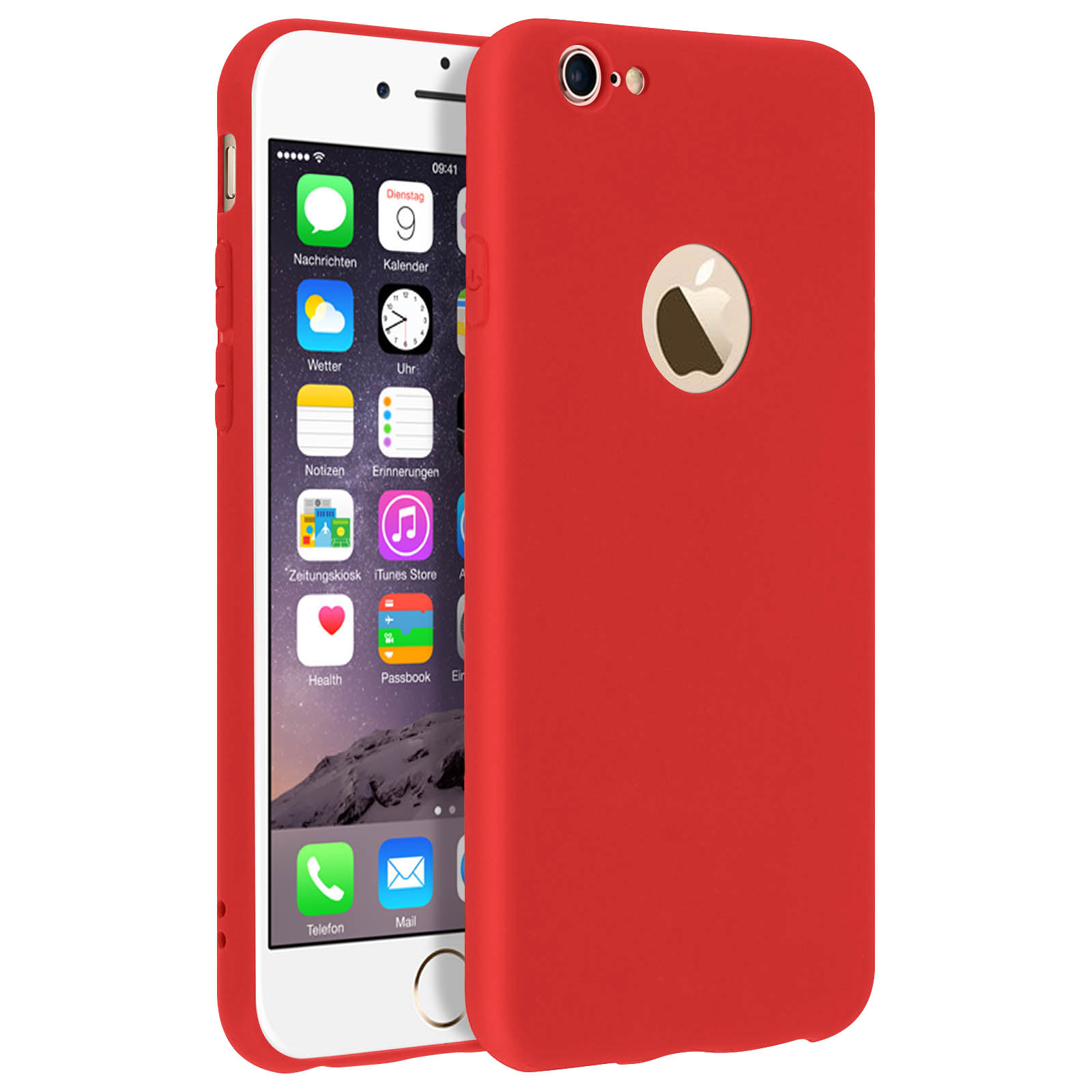 Dos iPhones rojos, uno con la pantalla visible y otro mostrando la parte trasera.