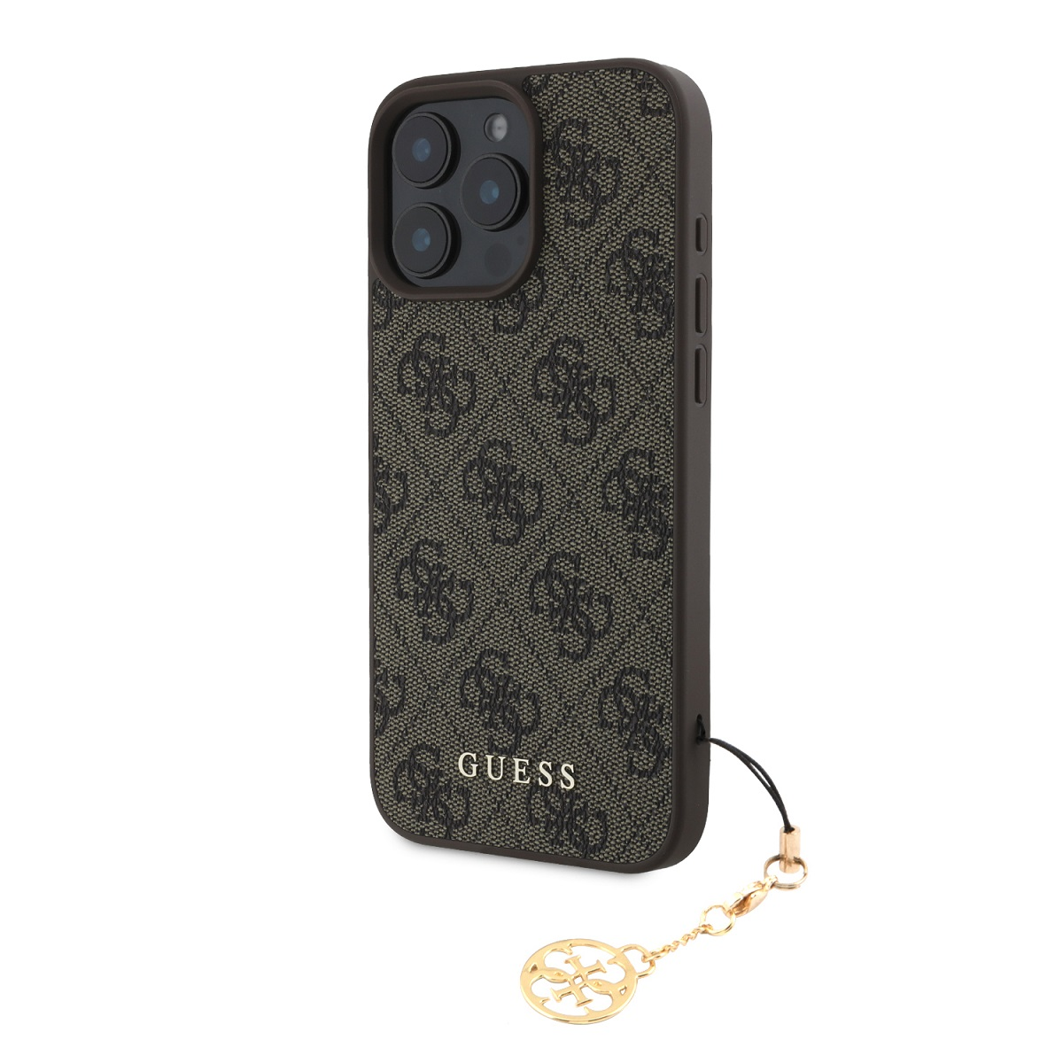 Telefono con custodia Guess e ciondolo. Custodia marrone e nera con logo Guess dorato.