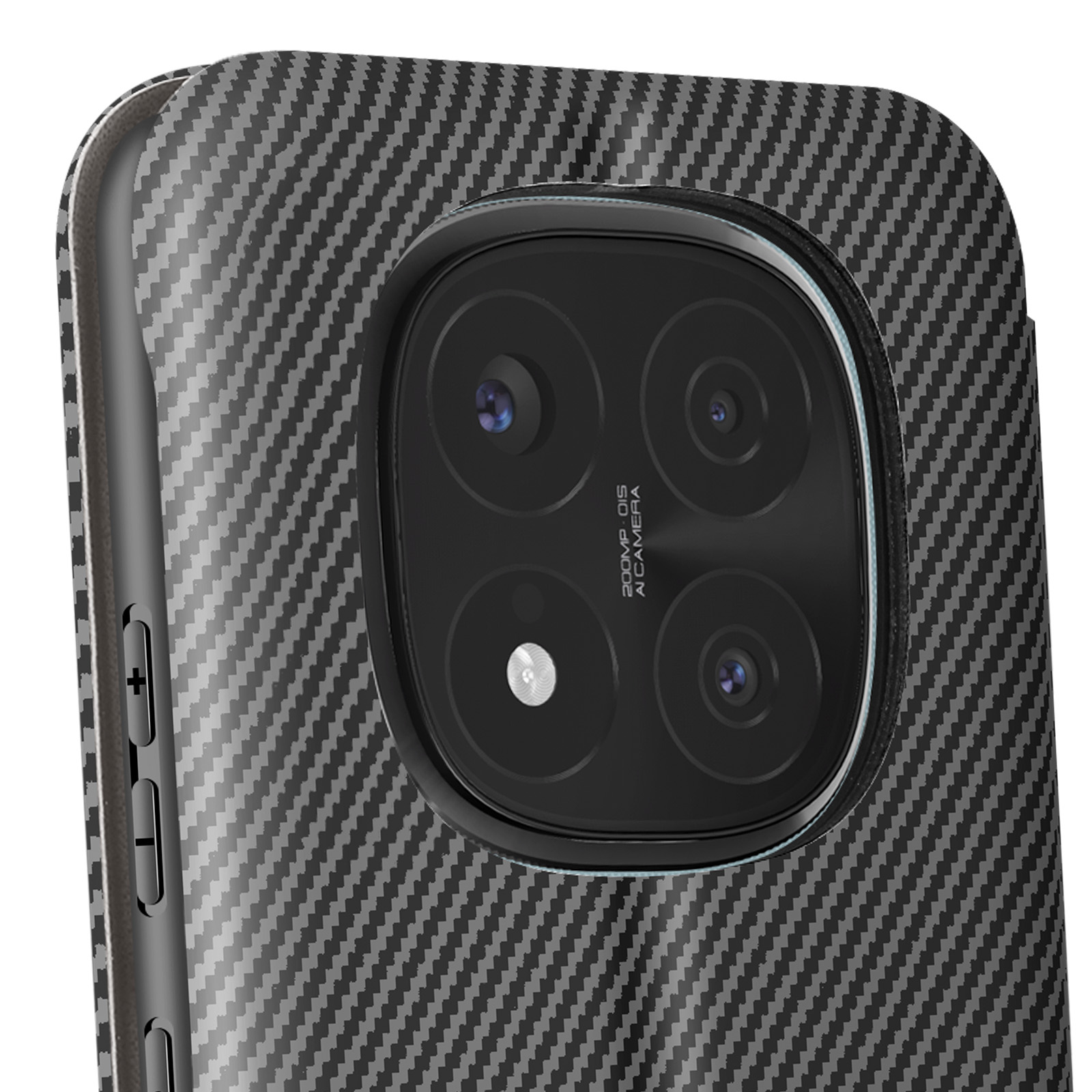 Primo piano di una custodia per telefono con motivo in fibra di carbonio, contenente un modulo fotocamera.