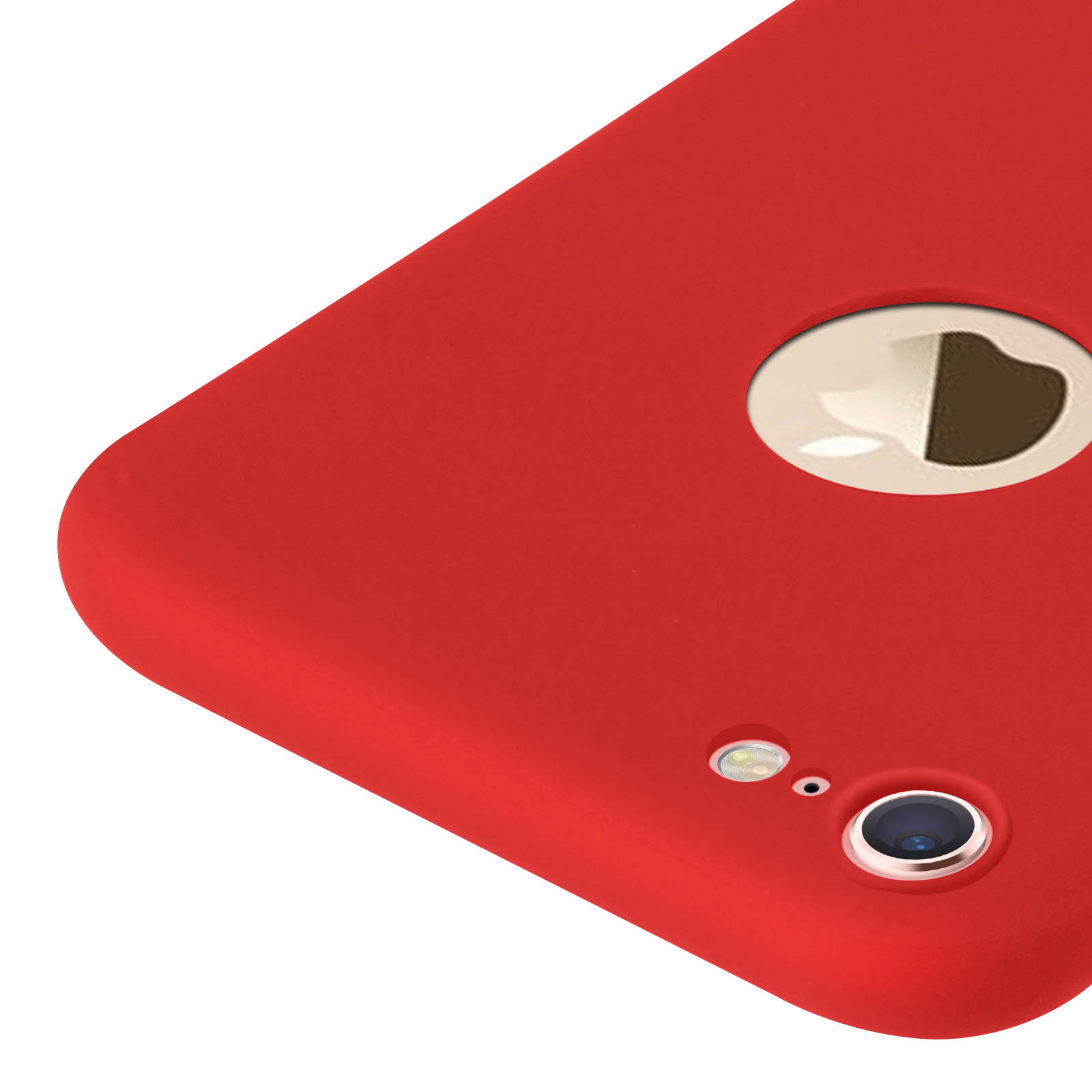 Primer plano de una funda de teléfono roja. Muestra la cámara, el flash y un agujero.