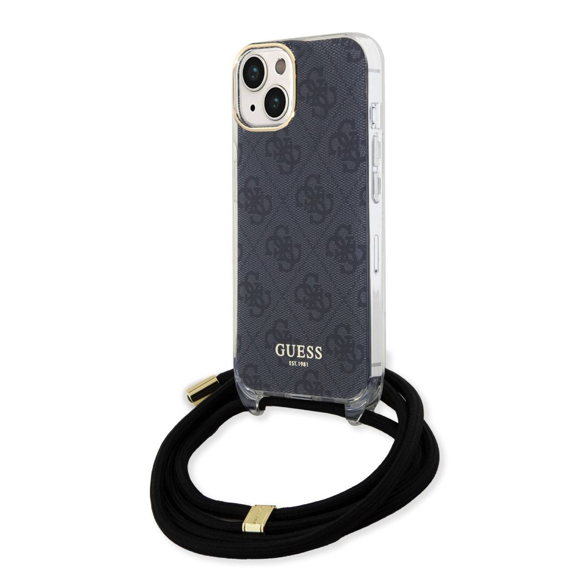 Telefono con custodia Guess e cordino nero. Accenti dorati. Custodia trasparente con retro a fantasia.