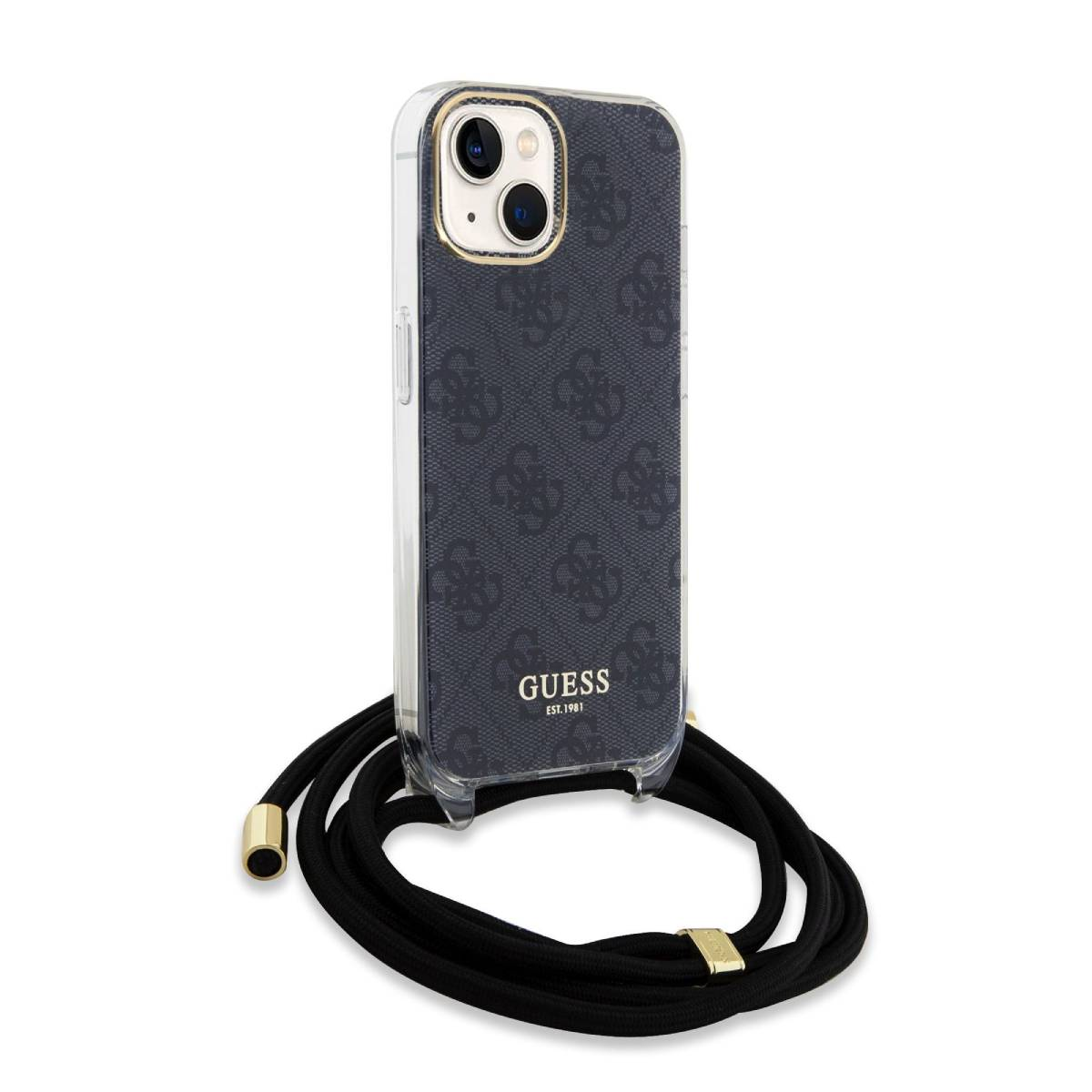 Custodia trasparente per telefono con cordino nero. La custodia ha un motivo scuro e il logo Guess.