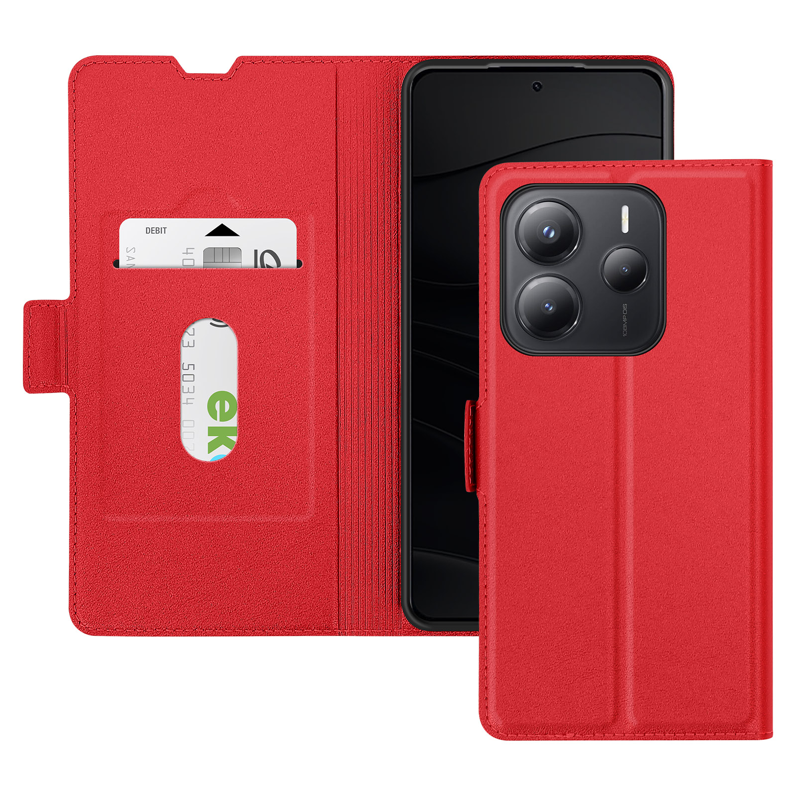 Custodia rossa per telefono con slot per schede. La custodia del telefono è aperta, rivelando il telefono e gli slot per schede.