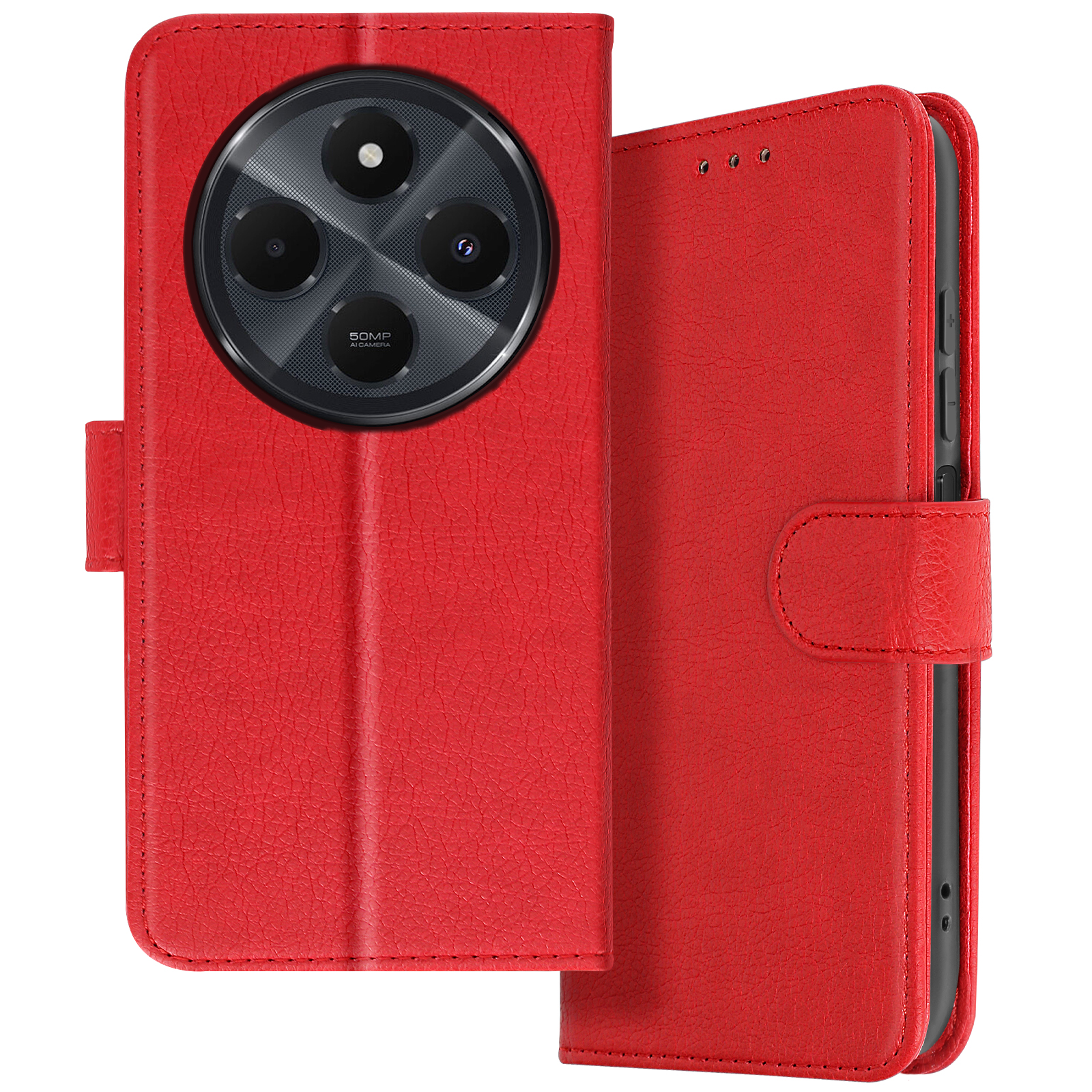 Custodia rossa per telefono, aperta. Mostra il telefono e la fotocamera, la custodia è rossa.