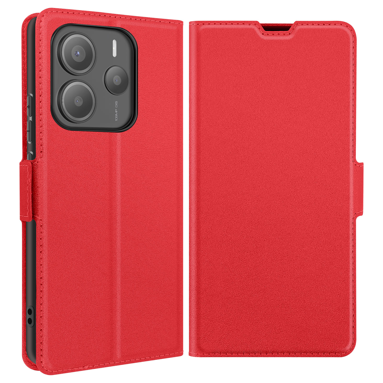 Custodia per telefono rossa aperta, che mostra telefono e modulo fotocamera. Pulsanti laterali visibili.