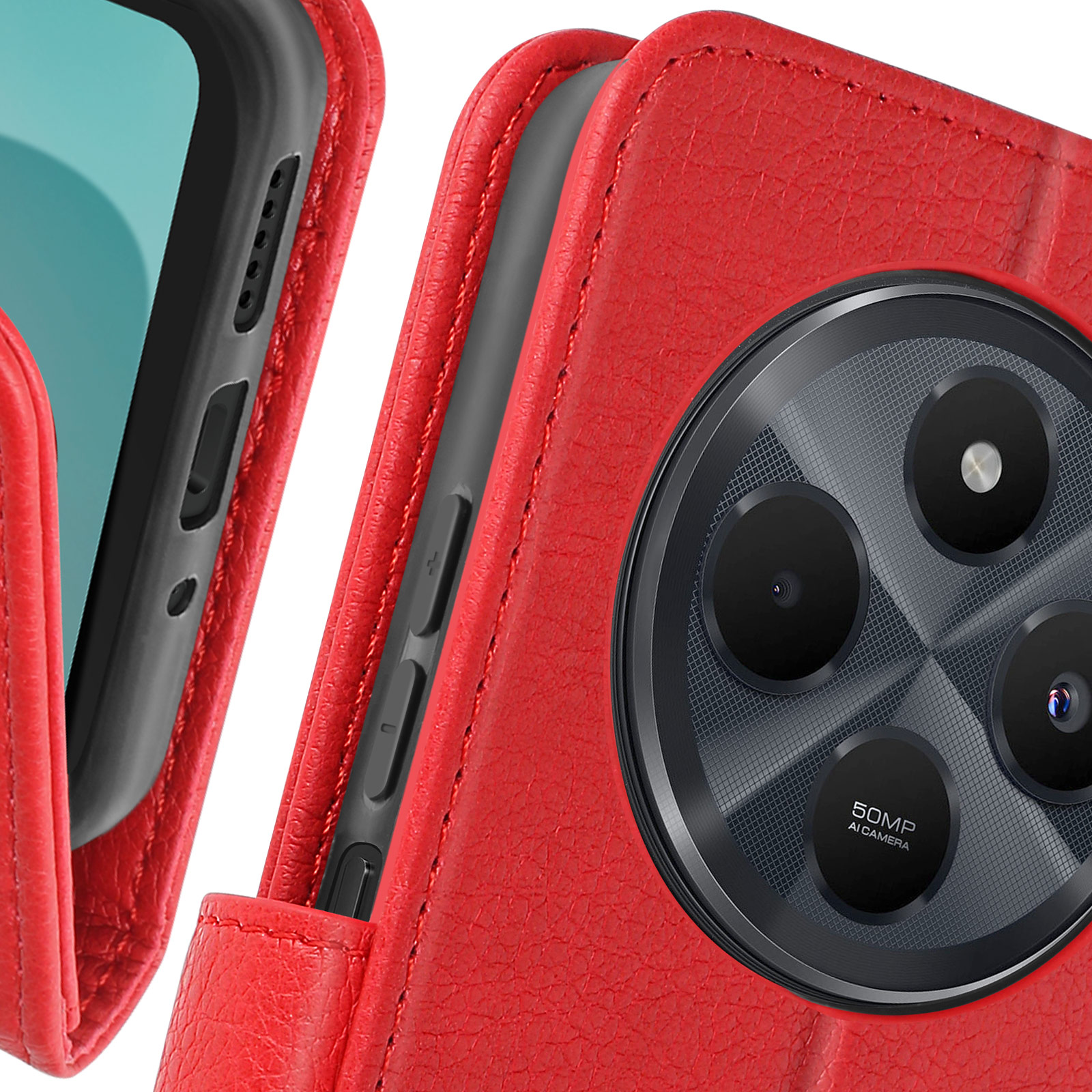 Custodia per telefono rossa su un telefono, con il modulo fotocamera visibile. Primo piano.
