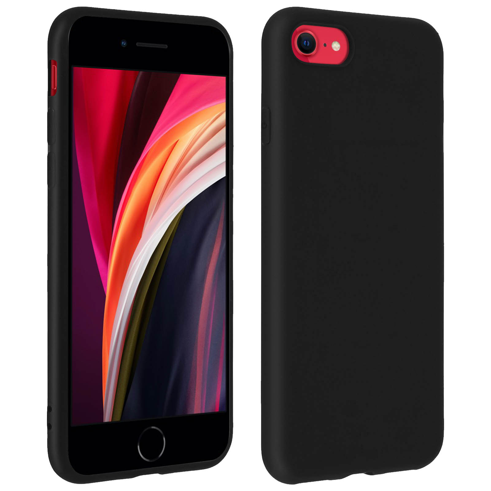 Due telefoni, uno nero con anello fotocamera rosso e una custodia nera.