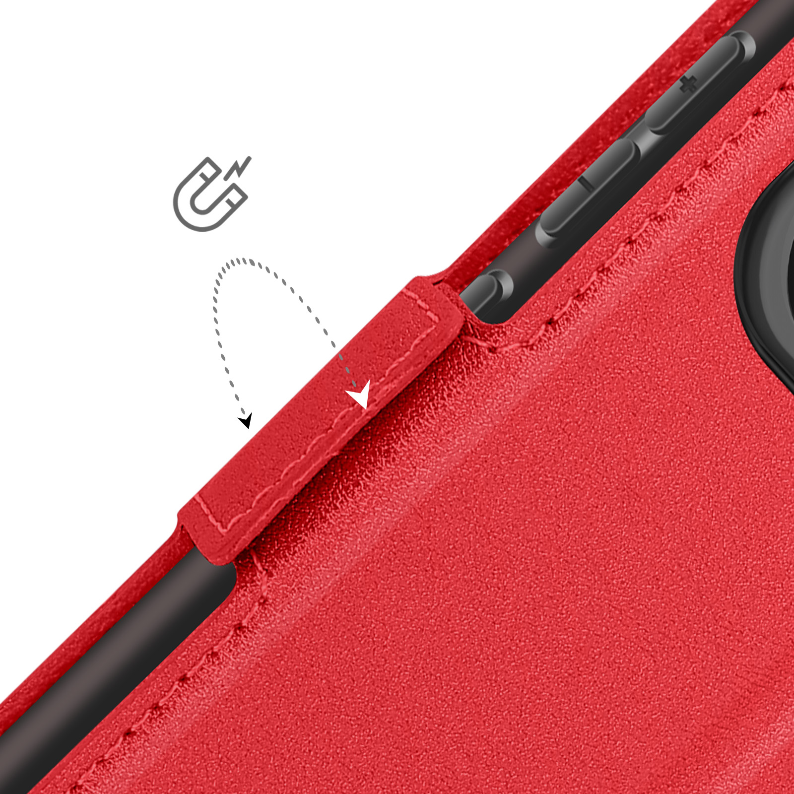 Primo piano di una custodia per telefono in pelle rossa con chiusura magnetica. L'icona del magnete viene mostrata.