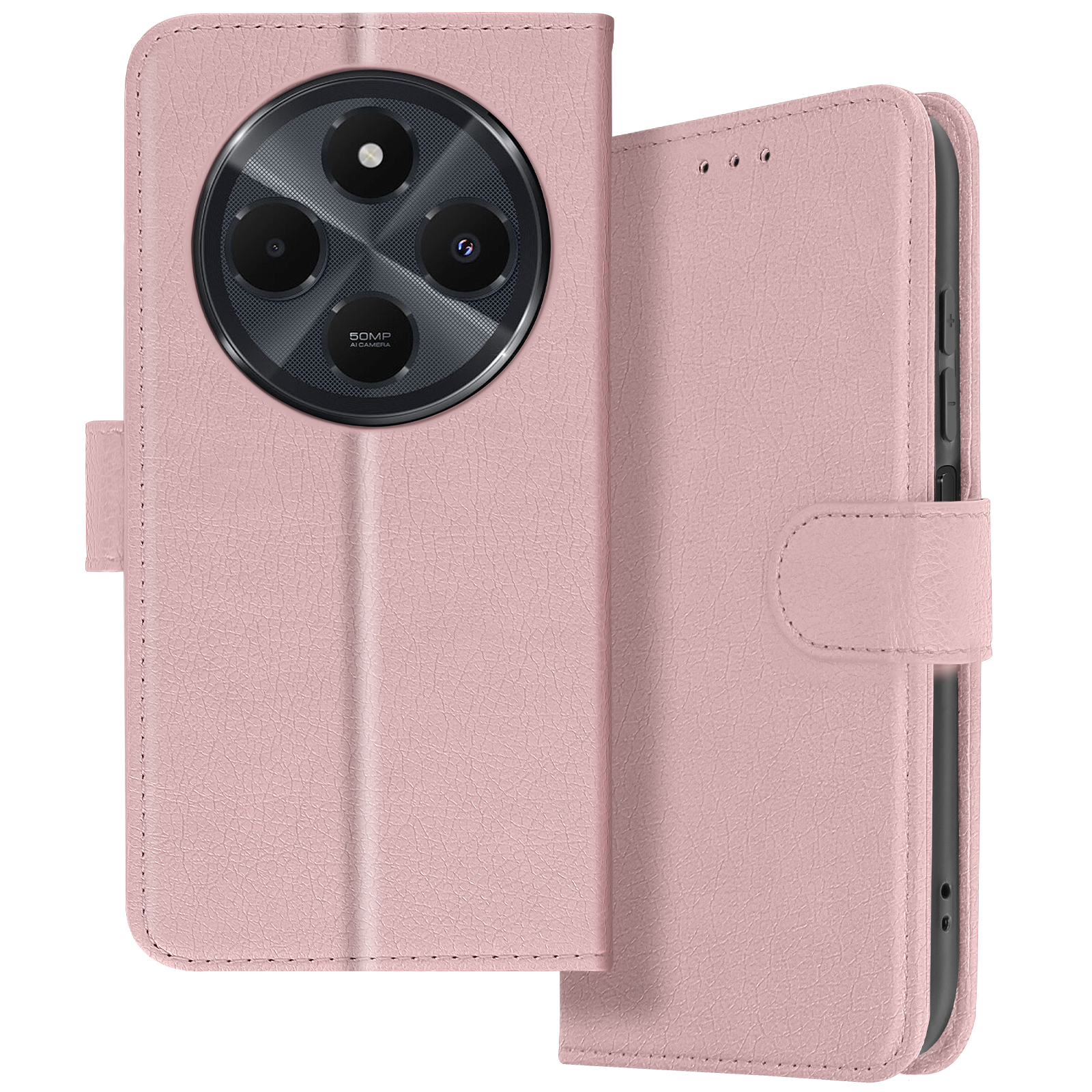 Custodia rosa aperta. La fotocamera è visibile.