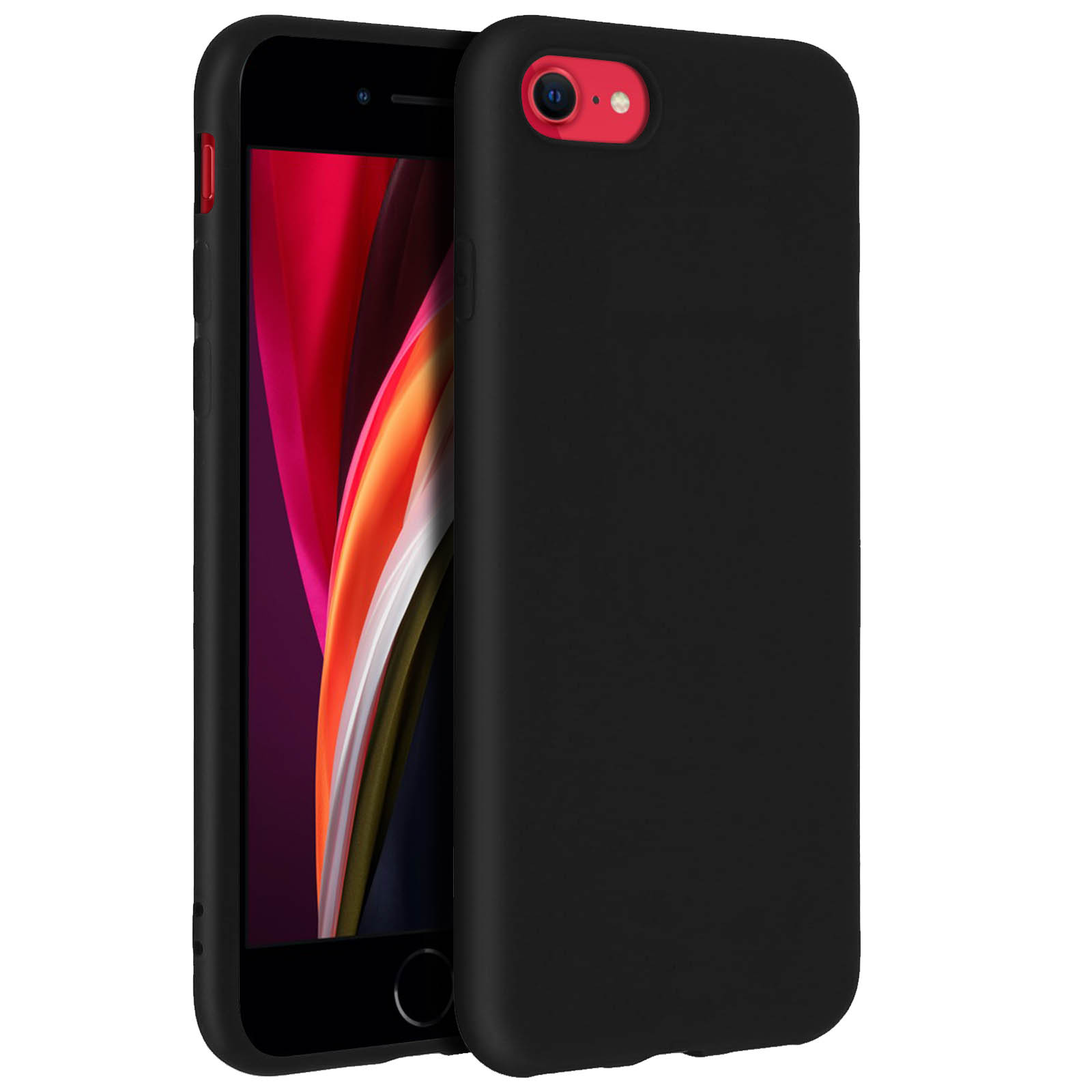 Custodia nera con anello fotocamera rosso. Schermo del telefono visibile.