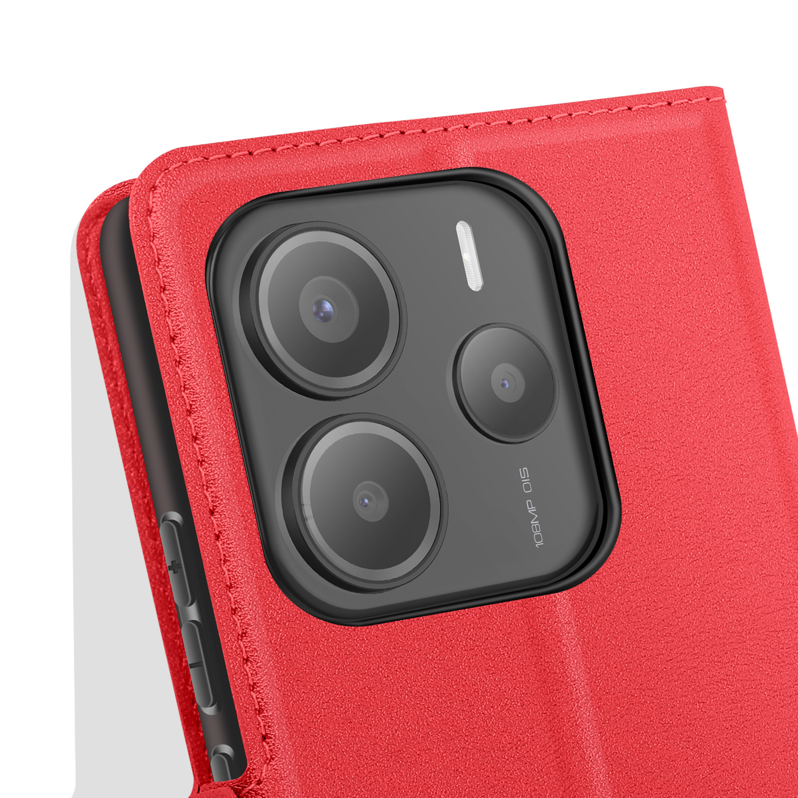 Primo piano di una custodia rossa. Dettagli della fotocamera visibili.