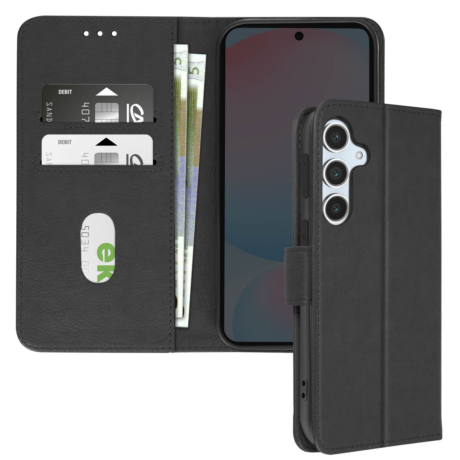 Custodia a portafoglio in pelle nera con telefono, carte di credito e contanti all'interno. Pulsanti laterali visibili.