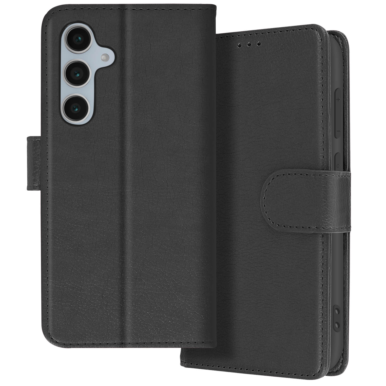 Custodia a portafoglio in pelle nera con telefono e pulsanti laterali visibili. La custodia è aperta.