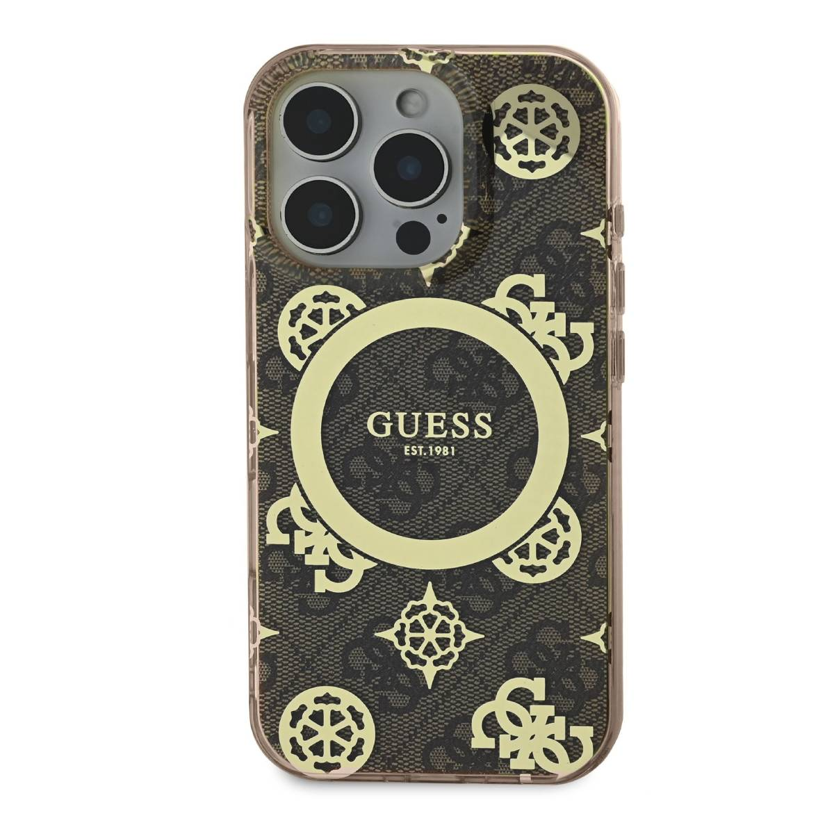 Custodia per telefono marrone con motivo logo Guess, tre fotocamere. Sfondo bianco.