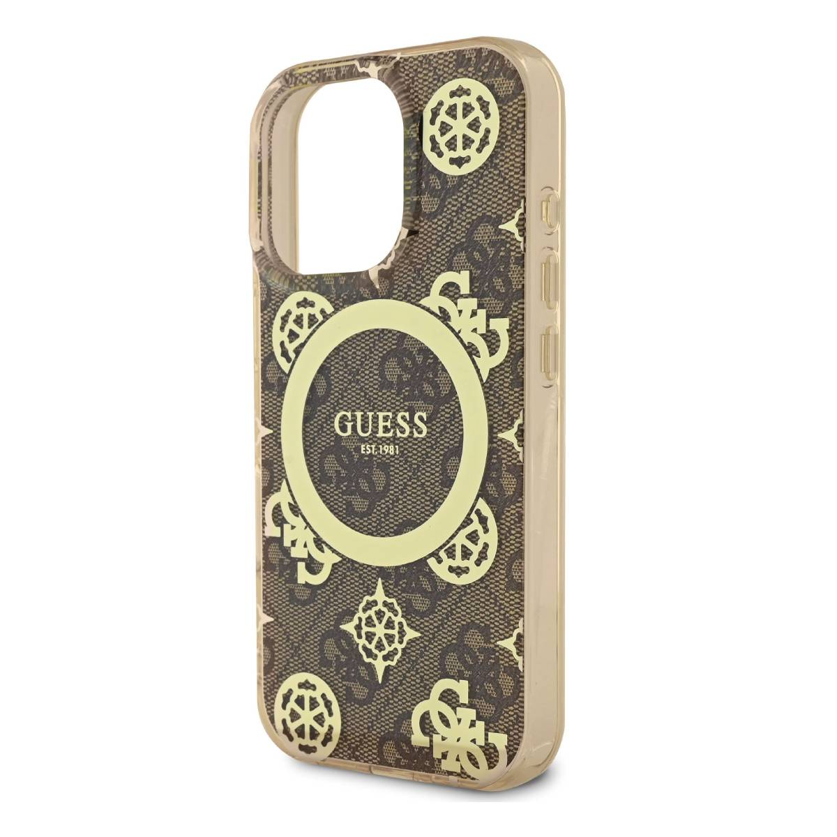 Una custodia per telefono con logo Guess e motivo marrone e oro, con ritaglio per fotocamera.