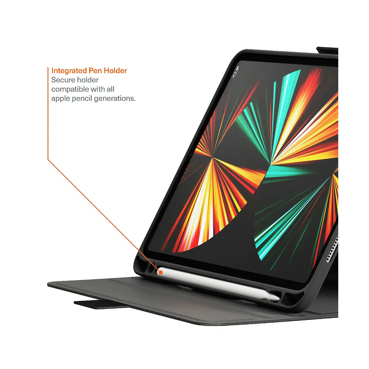Schermo del tablet, penna bianca, in custodia nera su custodia a libro. Testo: Portapenna integrato.