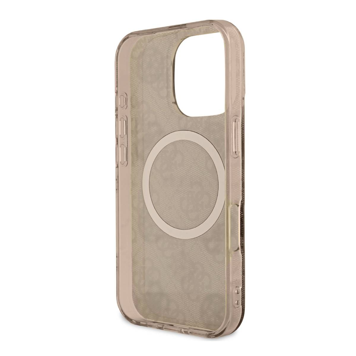 Custodia trasparente per telefono con motivo logo Guess. Sfondo bianco.