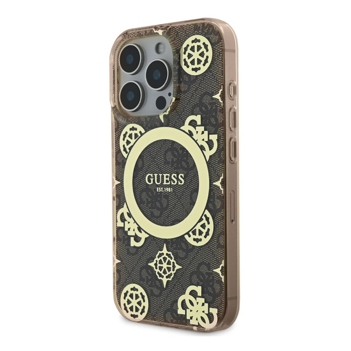 Custodia per telefono marrone con motivo logo Guess, tre fotocamere. Sfondo bianco.