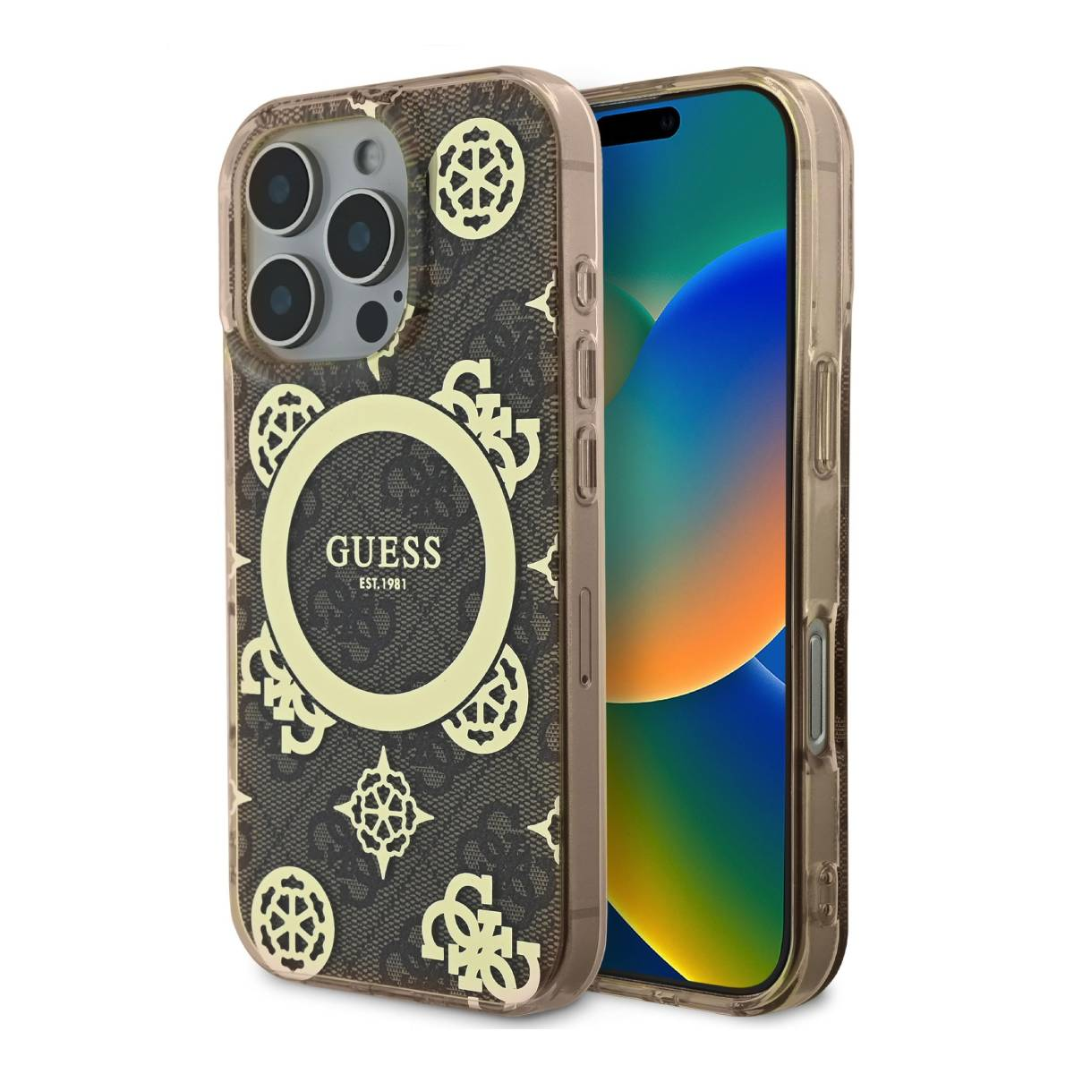 Custodia marrone con logo e telefono all'interno, che mostra lo schermo.