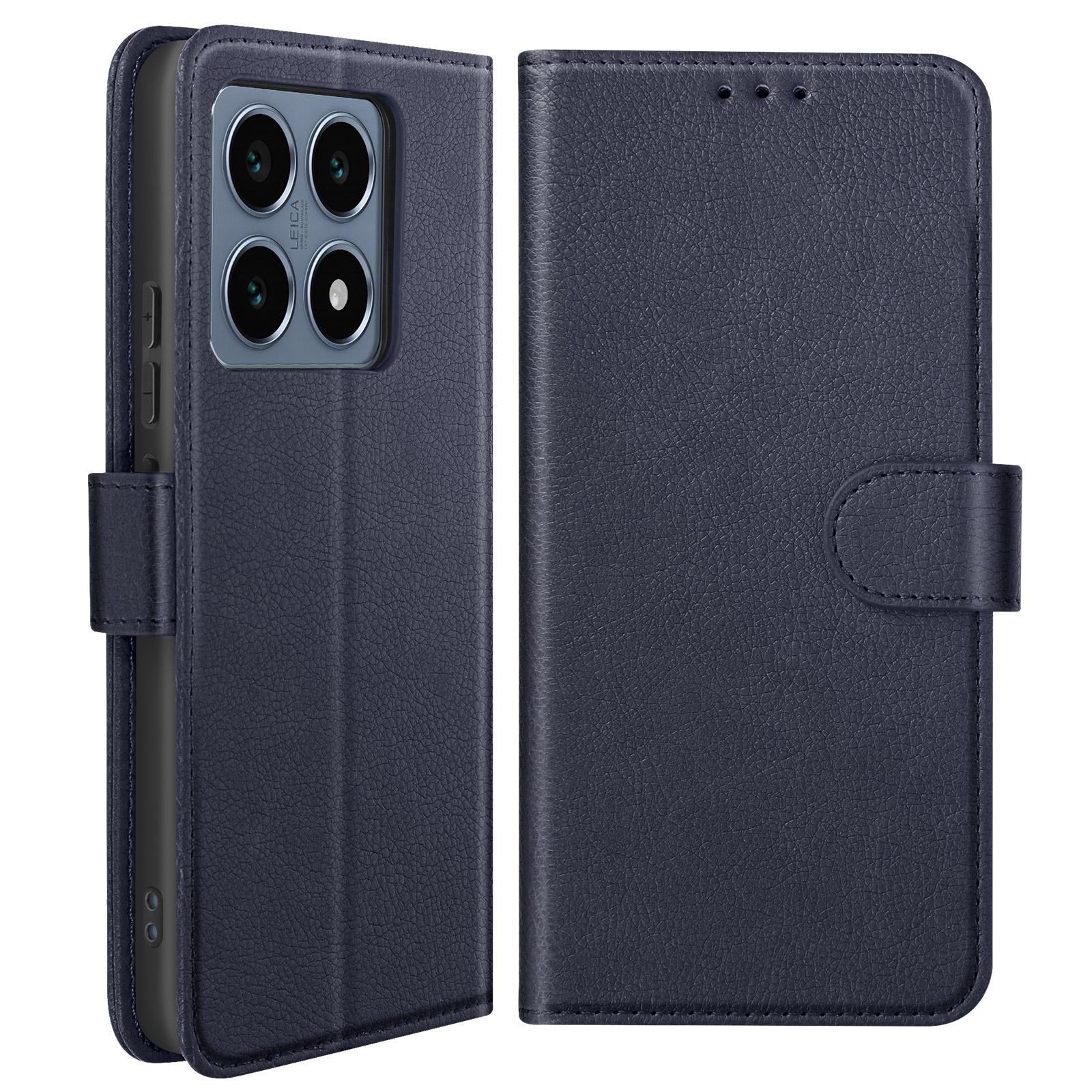 Custodia blu navy con telefono. Ha una patta e un bottone.