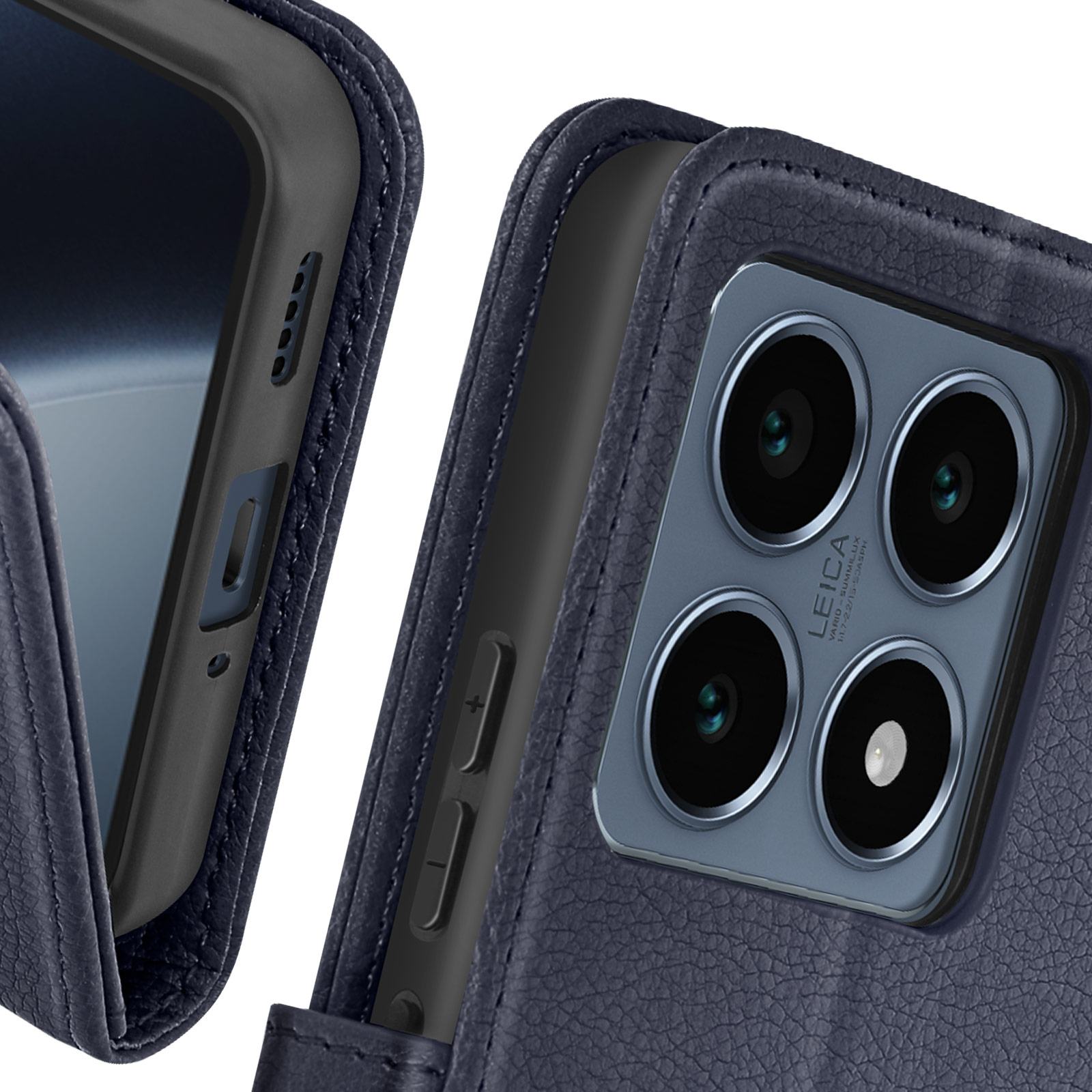 Primo piano di custodia blu navy con telefono. La custodia ha bottoni.