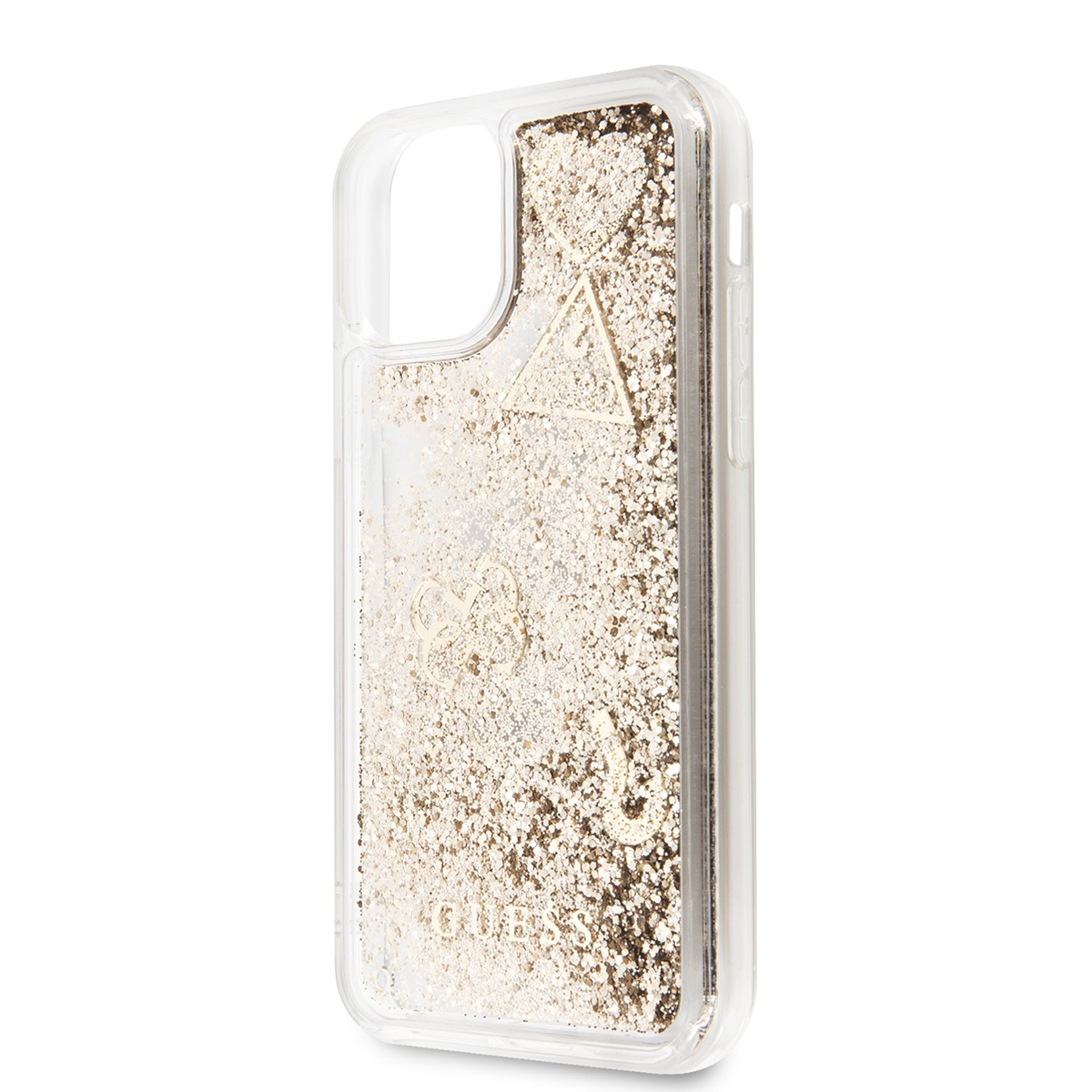Custodia trasparente per telefono piena di glitter. C'è un logo Guess sulla custodia. Lo sfondo è bianco.