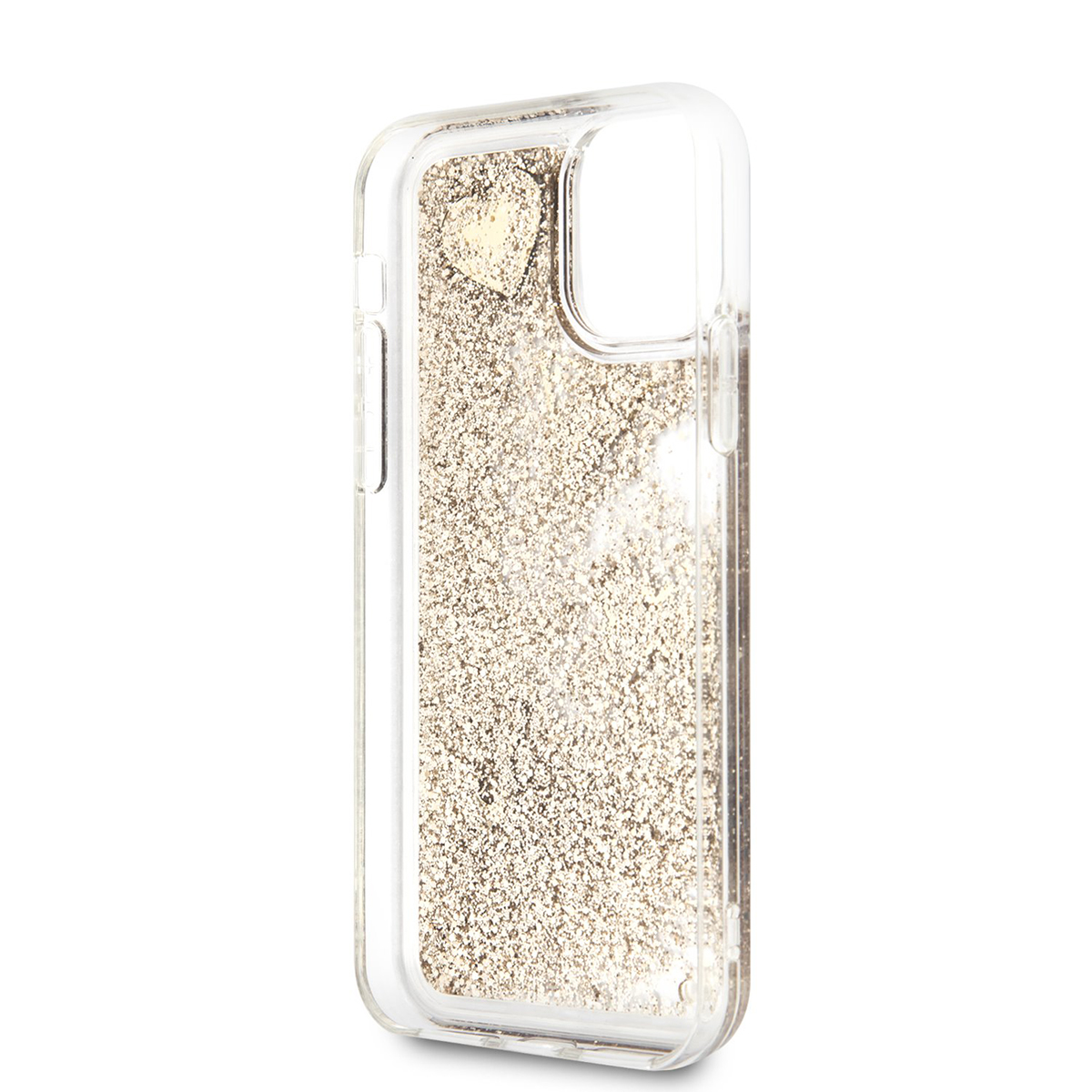 Custodia trasparente per telefono piena di glitter. La custodia è trasparente. Lo sfondo è bianco.