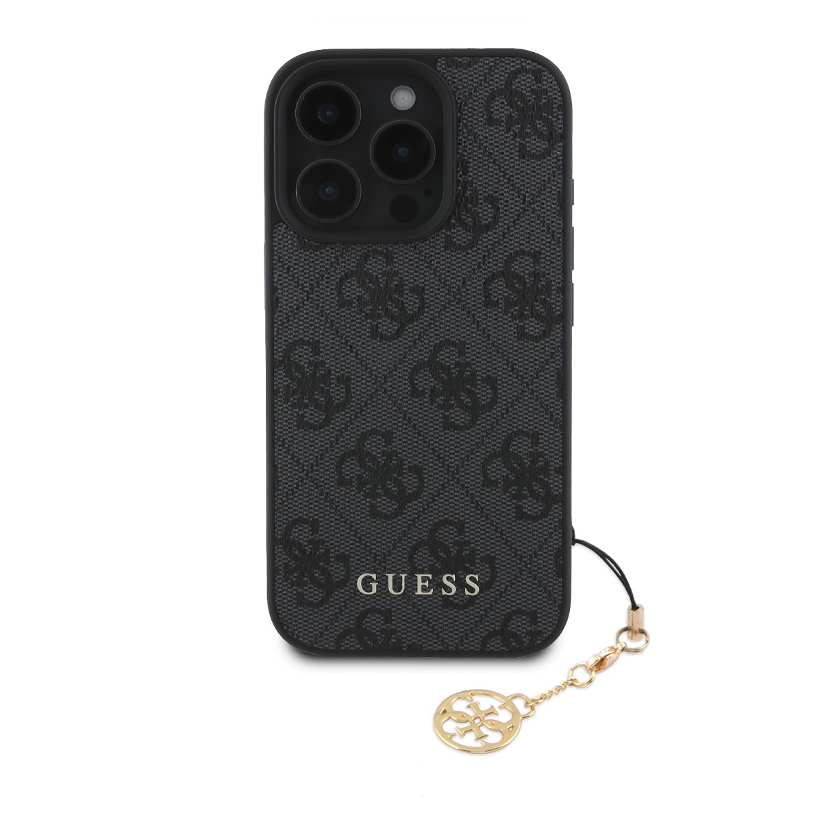 Schwarze Handyhülle mit grauem Muster und goldenem Anhänger. Die Hülle hat das GUESS-Logo.