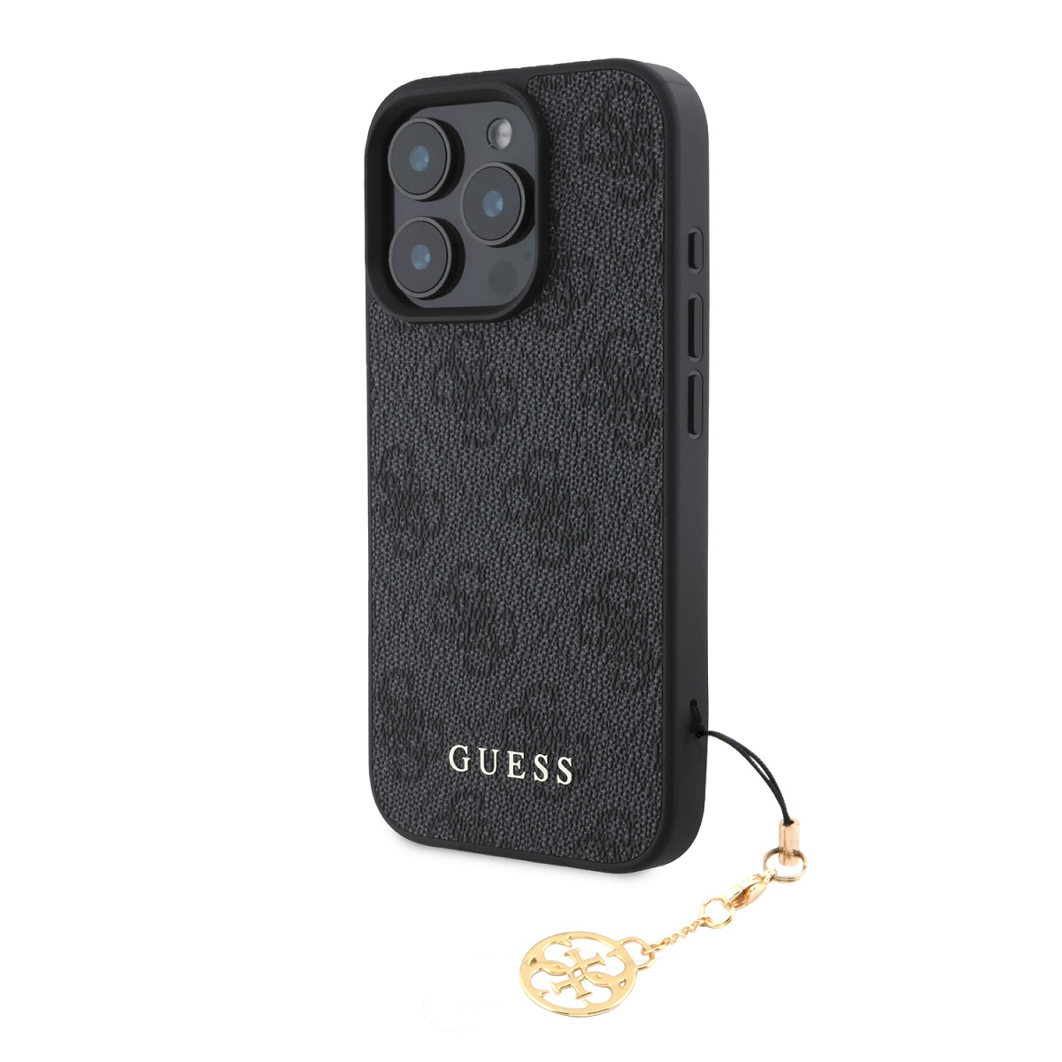 Schwarze Handyhülle mit strukturiertem Muster, GUESS-Logo und goldenem Anhänger.