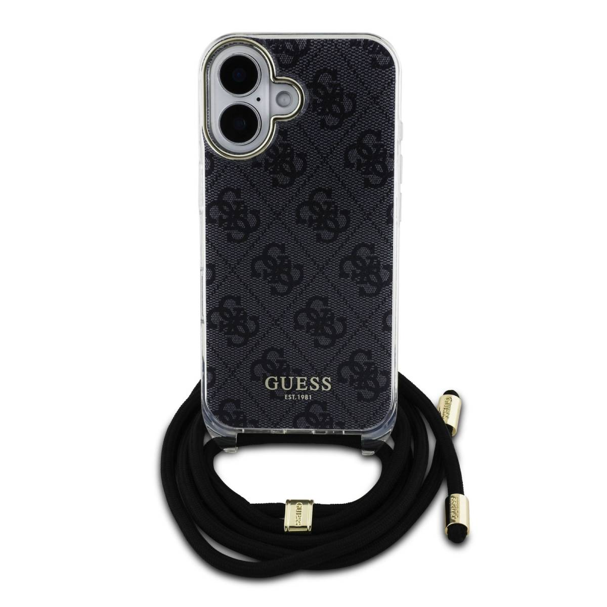 Custodia per telefono nera con logo Guess e cinturino. La custodia ha un ritaglio per la fotocamera. Cinturino nero.