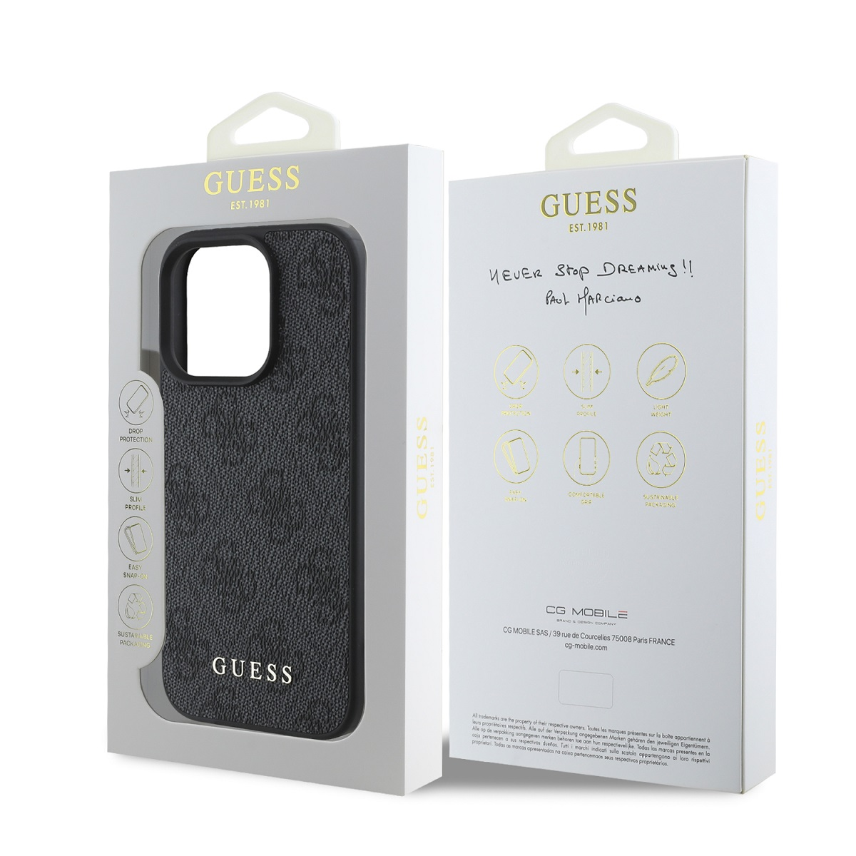 Handyhüllenverpackung mit Hülle darin. Box hat GUESS-Branding und Text.