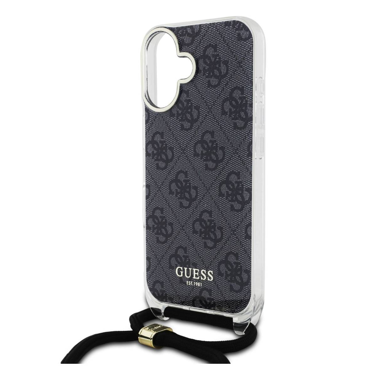 Custodia trasparente con motivo nero e logo Guess dorato, con cinturino nero.