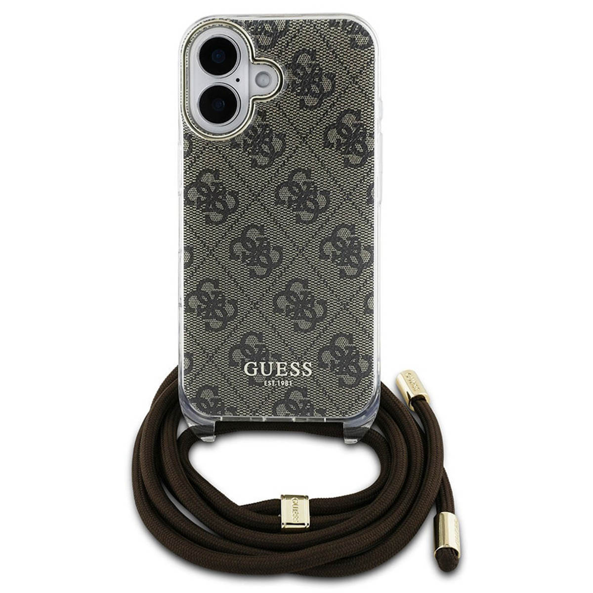 Custodia trasparente con design a fantasia marrone e logo Guess dorato, con cinturino marrone.