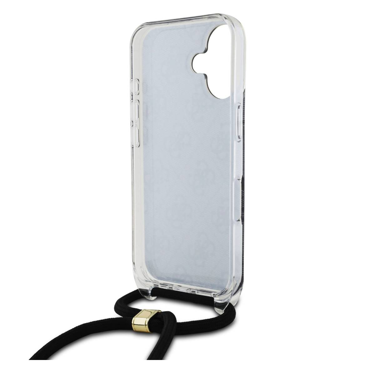 Custodia trasparente per telefono con cinturino nero. La custodia ha un ritaglio per la fotocamera. Cinturino nero con dettagli dorati.