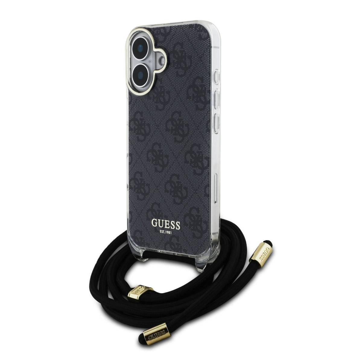 Custodia per telefono Guess nera con logo e cinturino. La custodia del telefono ha un ritaglio per la fotocamera.
