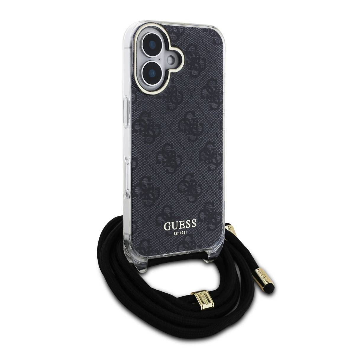 Custodia per telefono Guess nera con logo e cinturino. La custodia del telefono ha un ritaglio per la fotocamera.