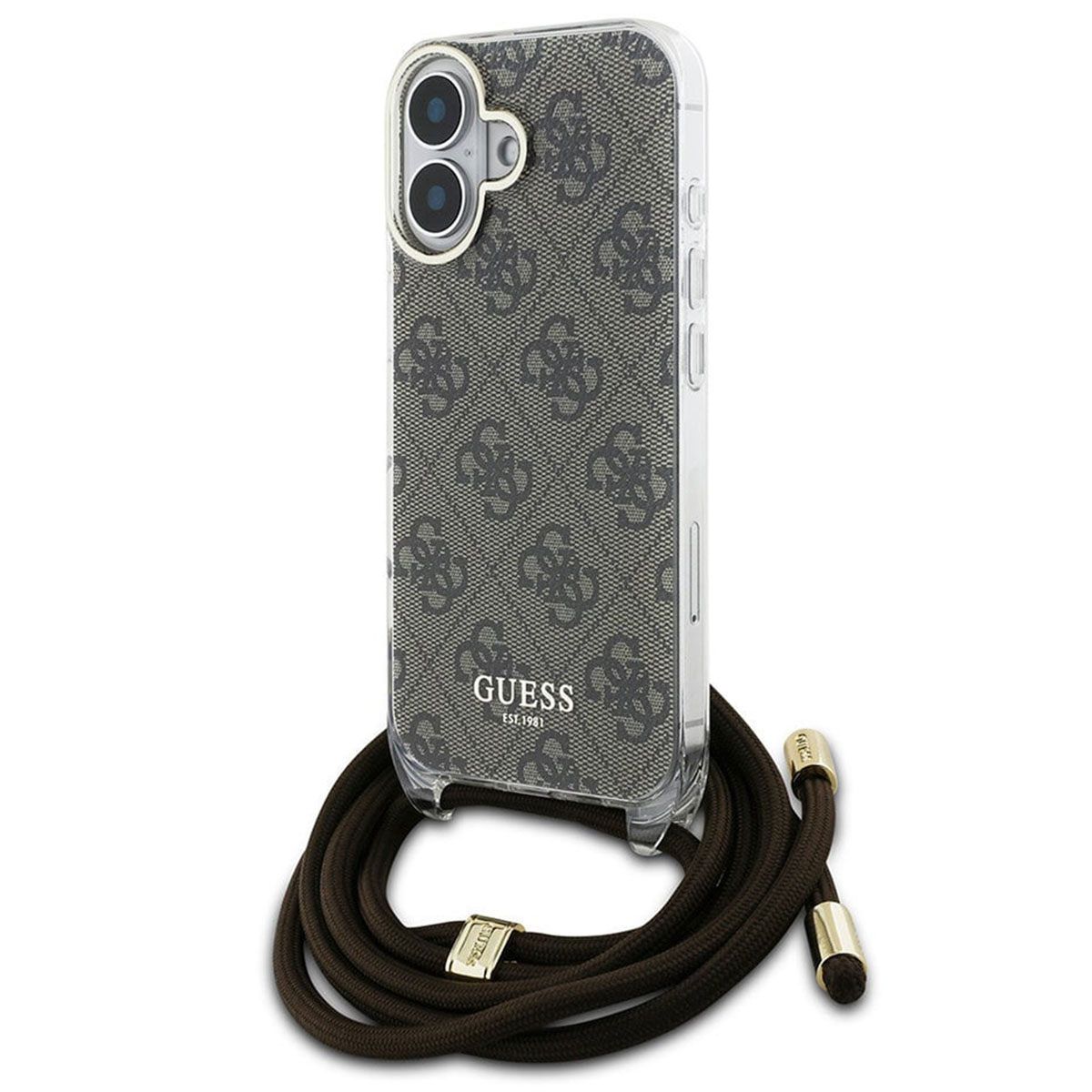 Custodia trasparente con design a fantasia marrone e logo Guess dorato, con cinturino marrone.