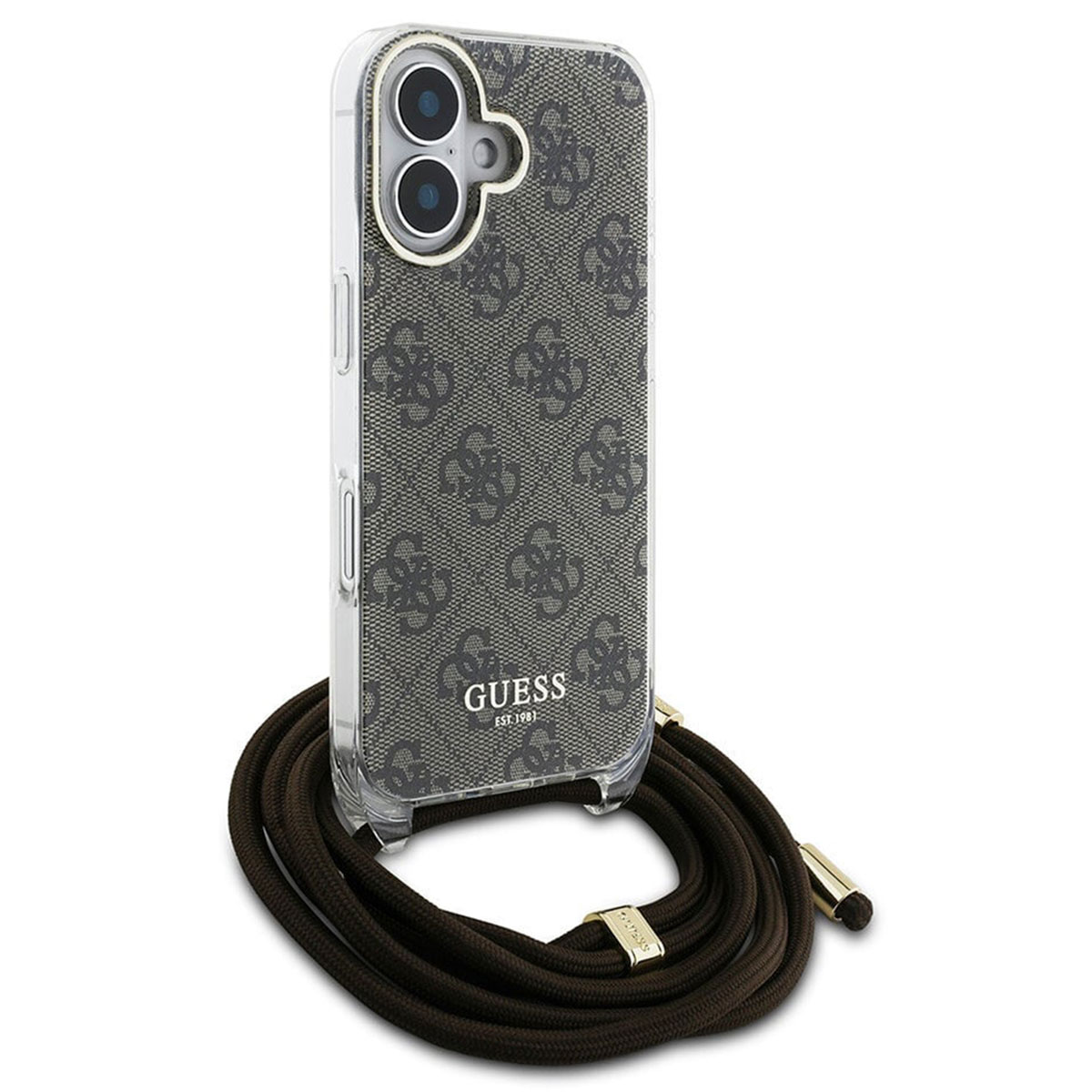 Custodia trasparente per telefono con stampa del logo Guess, con cinturino marrone. La custodia contiene un telefono.