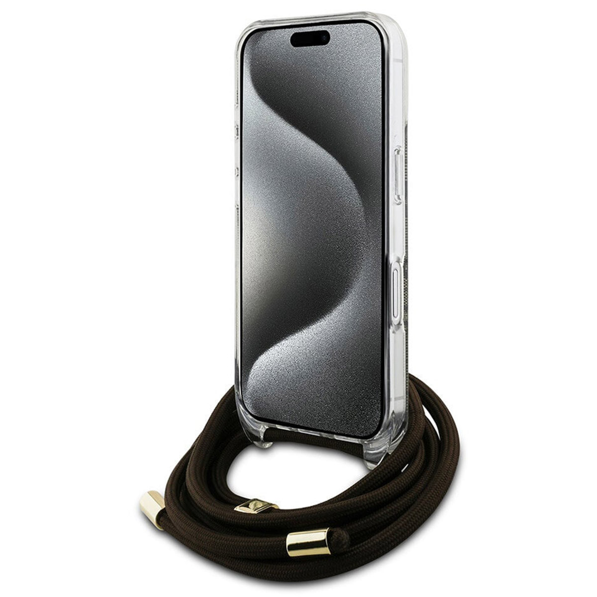 Custodia trasparente con cinturino marrone. La custodia contiene un telefono. Sfondo bianco.