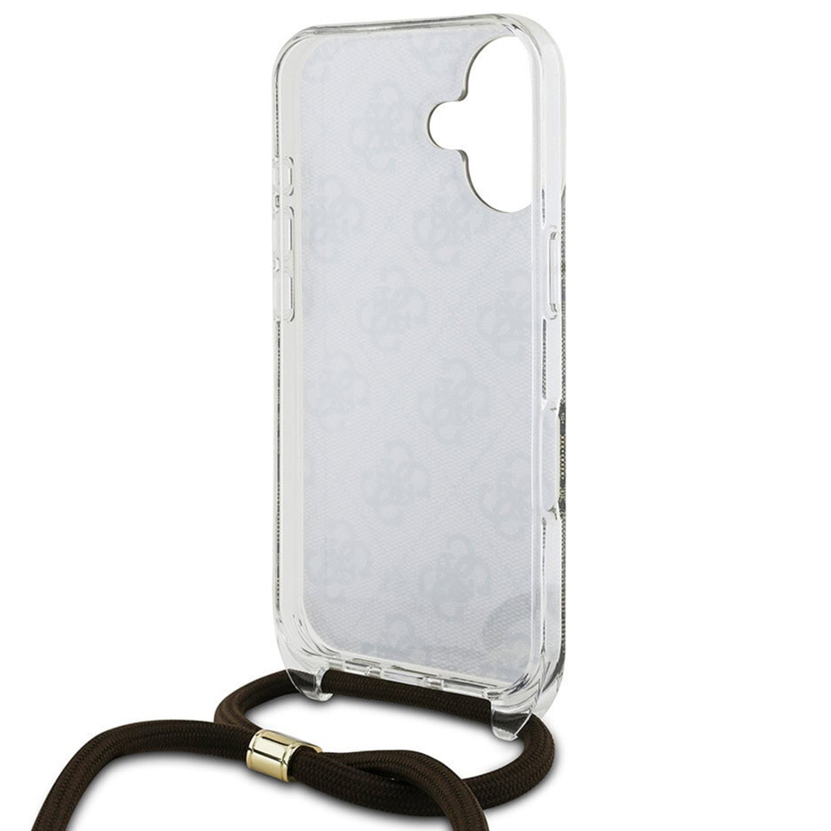 Custodia trasparente per telefono con logo Guess e cinturino. La custodia ha un ritaglio per la fotocamera.